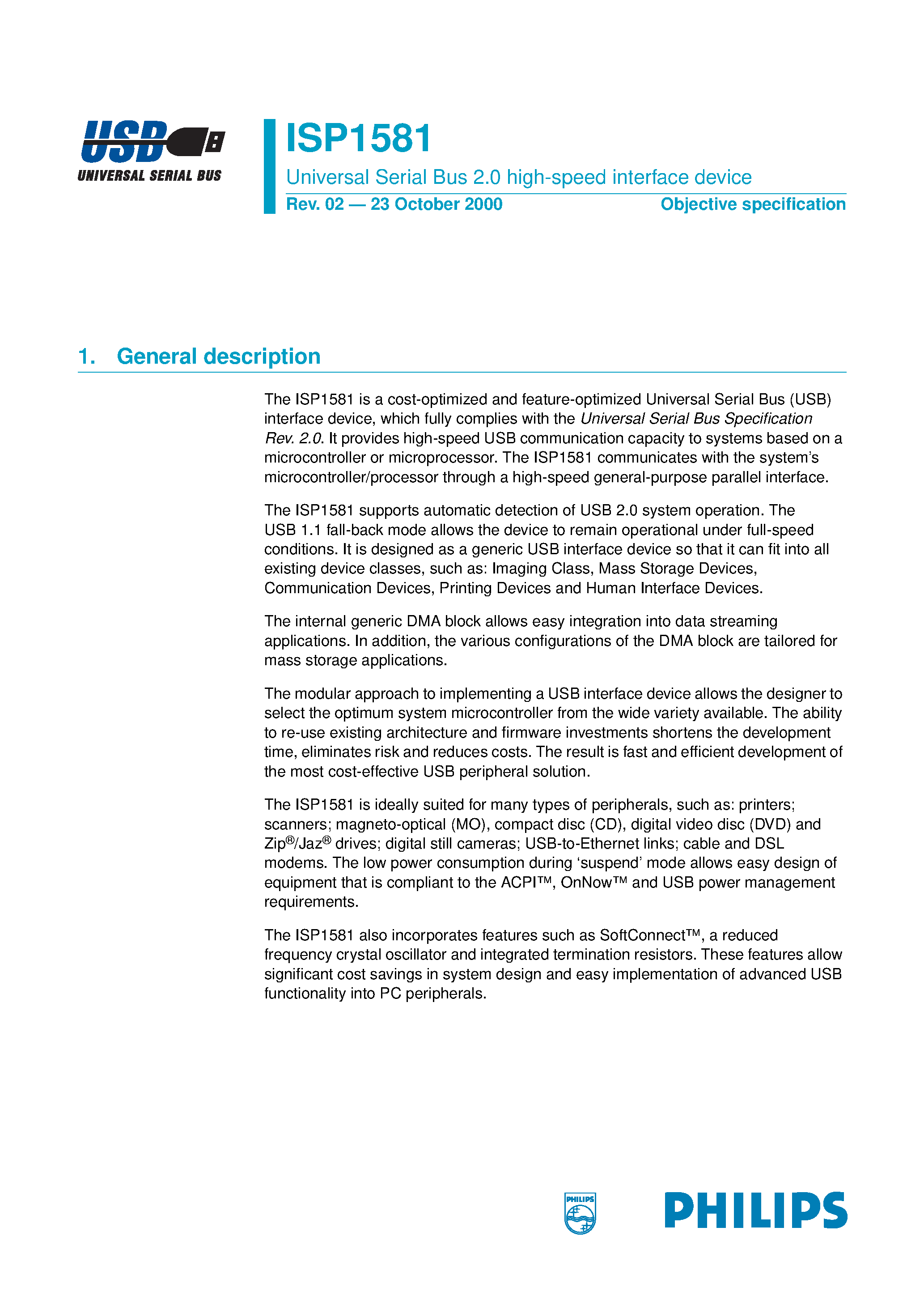 Datasheet ISP1581BD - Universal Serial Bus 2.0 high-speed interface device page 1