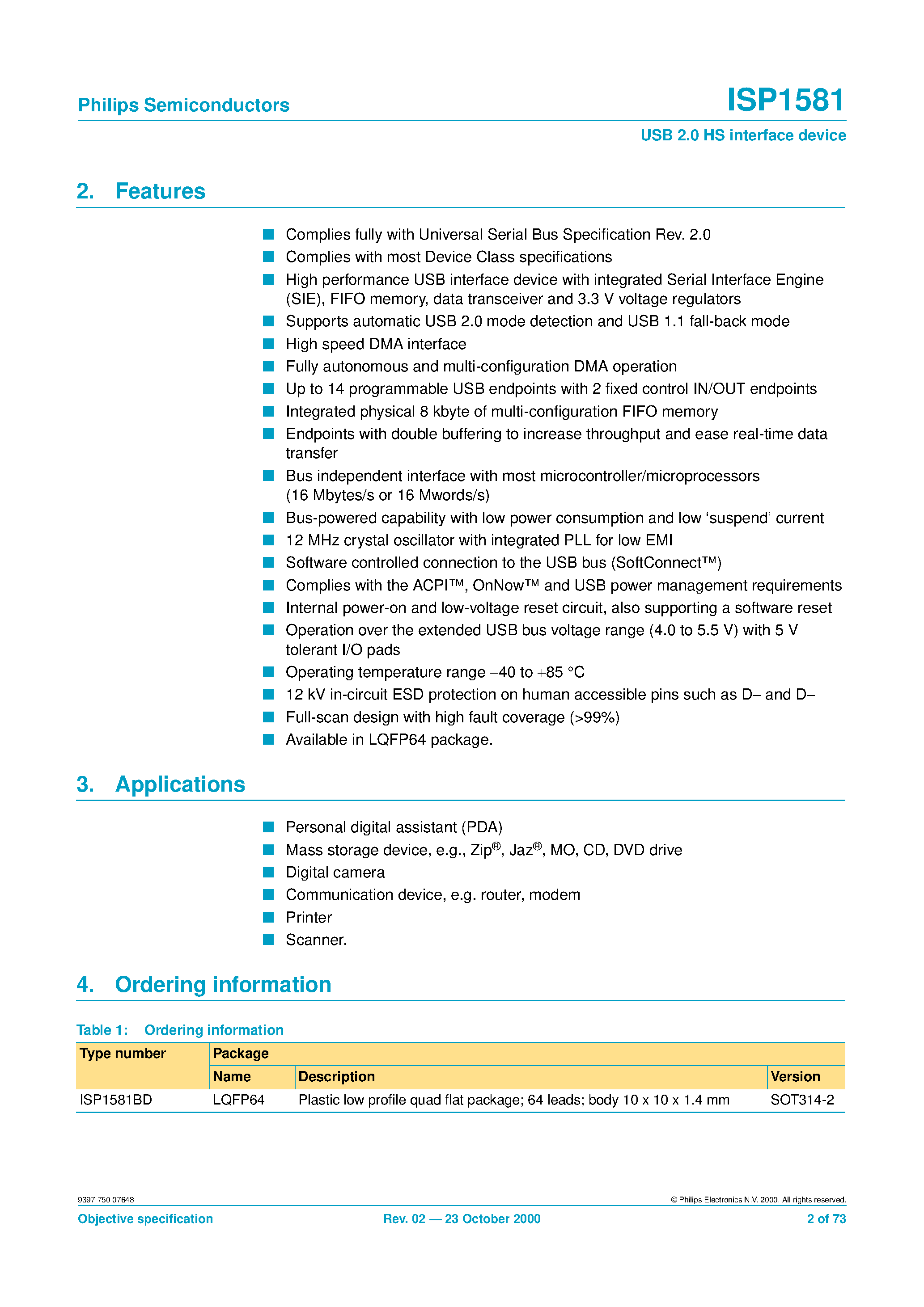 Datasheet ISP1581BD - Universal Serial Bus 2.0 high-speed interface device page 2