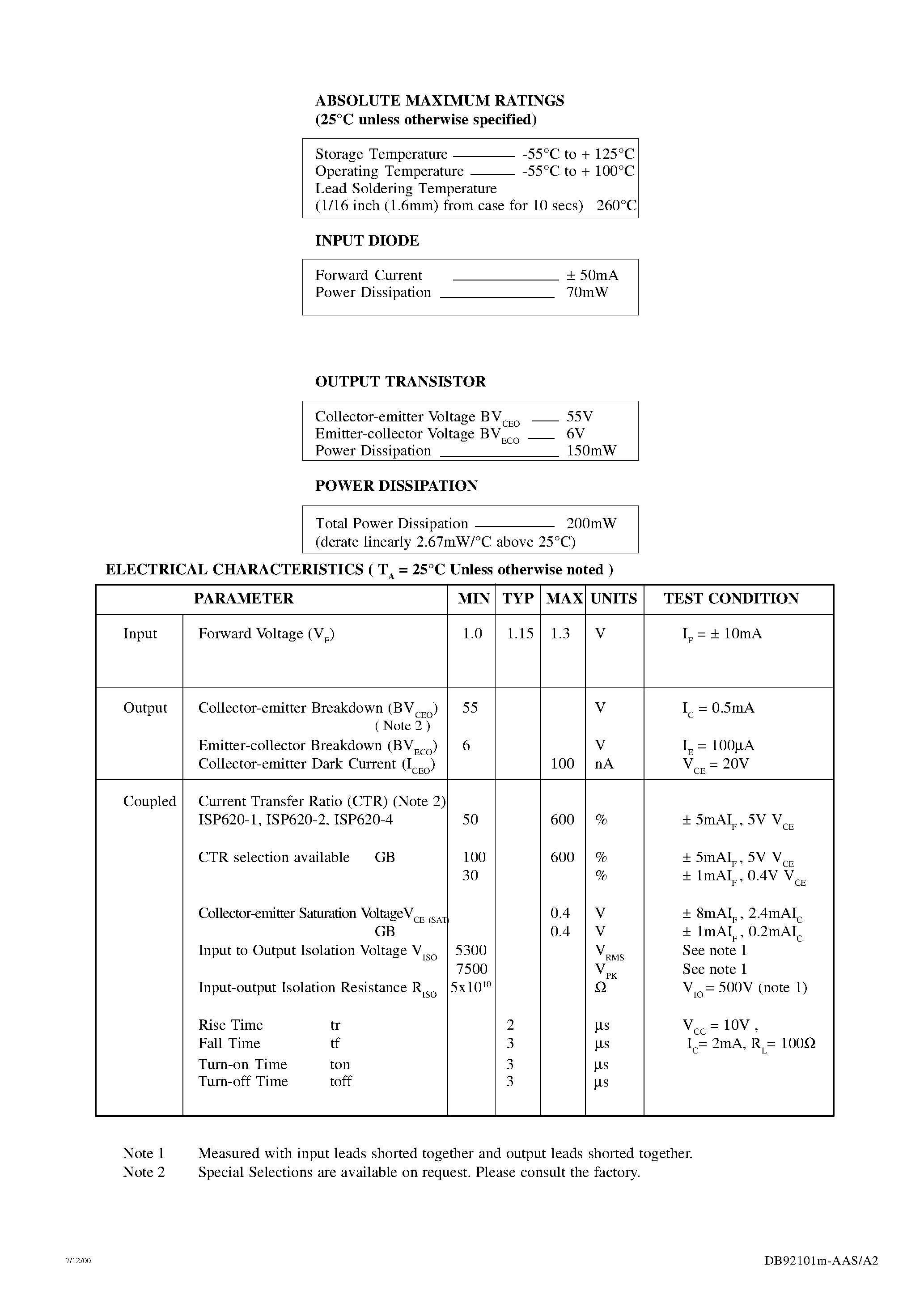 Datasheet ISP620-1 page 2 Datasheet ISP620-1 - HIGH DENSITY A.C. INPUT PHOTOTRANSISTOR OPTICALLY COUPLED ISOLATORS page 2