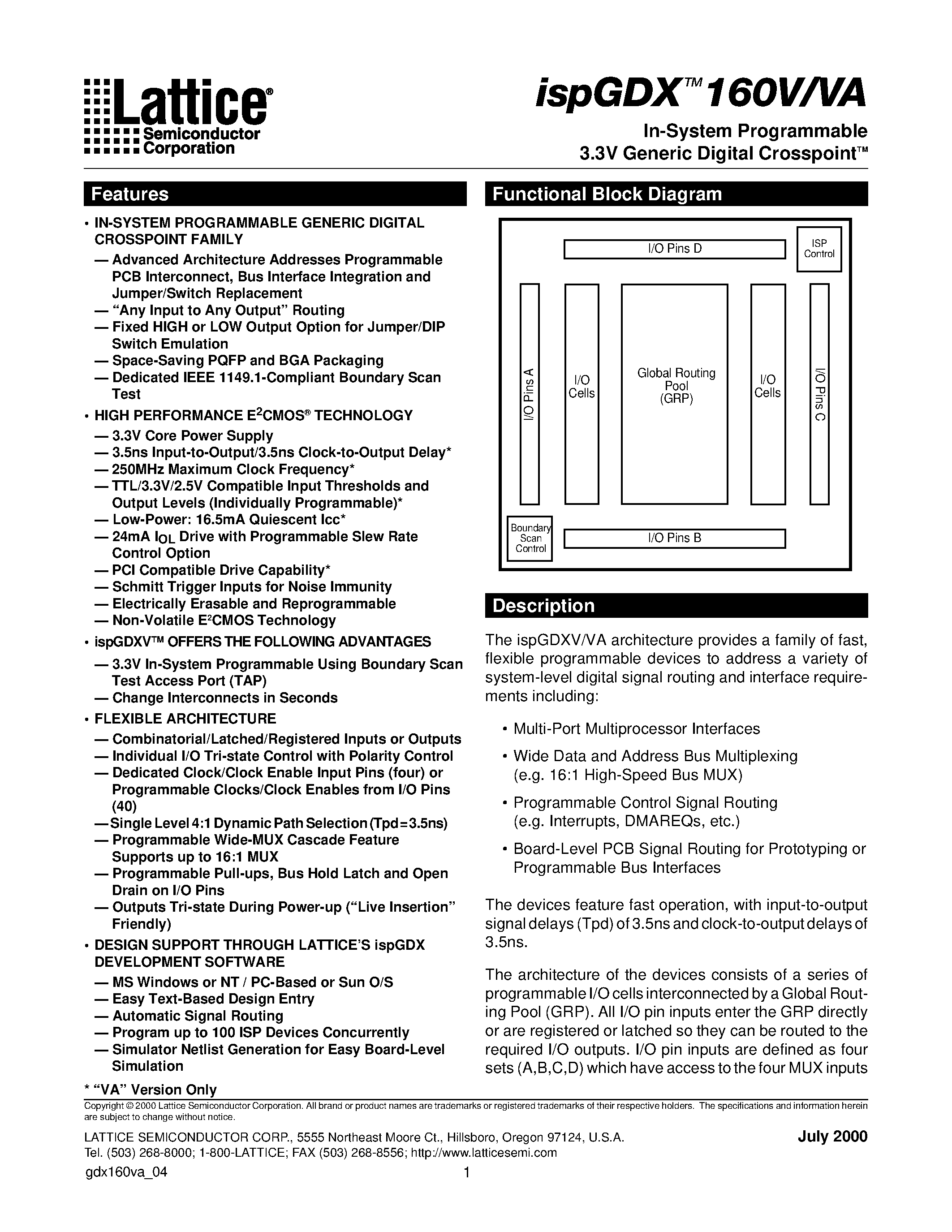 Datasheet ispGDX160VA-5Q208 - In-System Programmable 3.3V Generic Digital CrosspointTM page 1