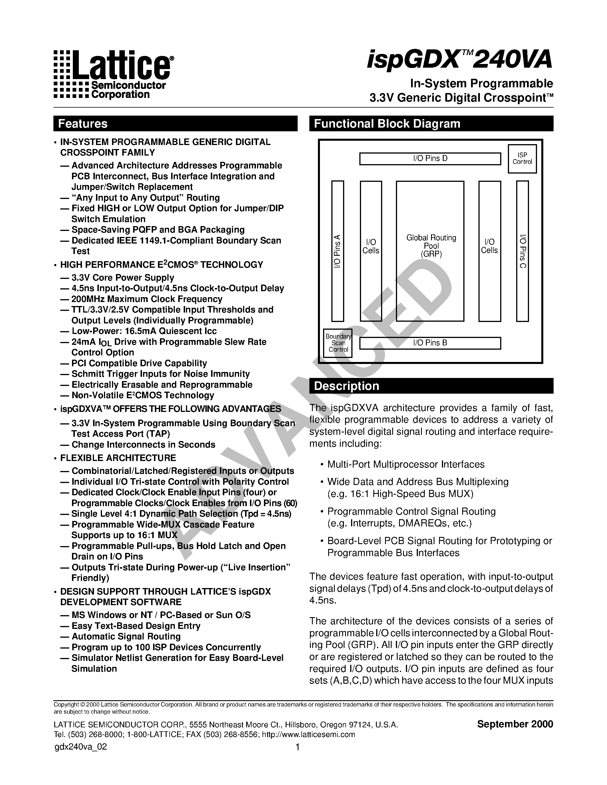 Datasheet ispGDX240VA-7B388I - In-System Programmable 3.3V Generic Digital CrosspointTM page 1