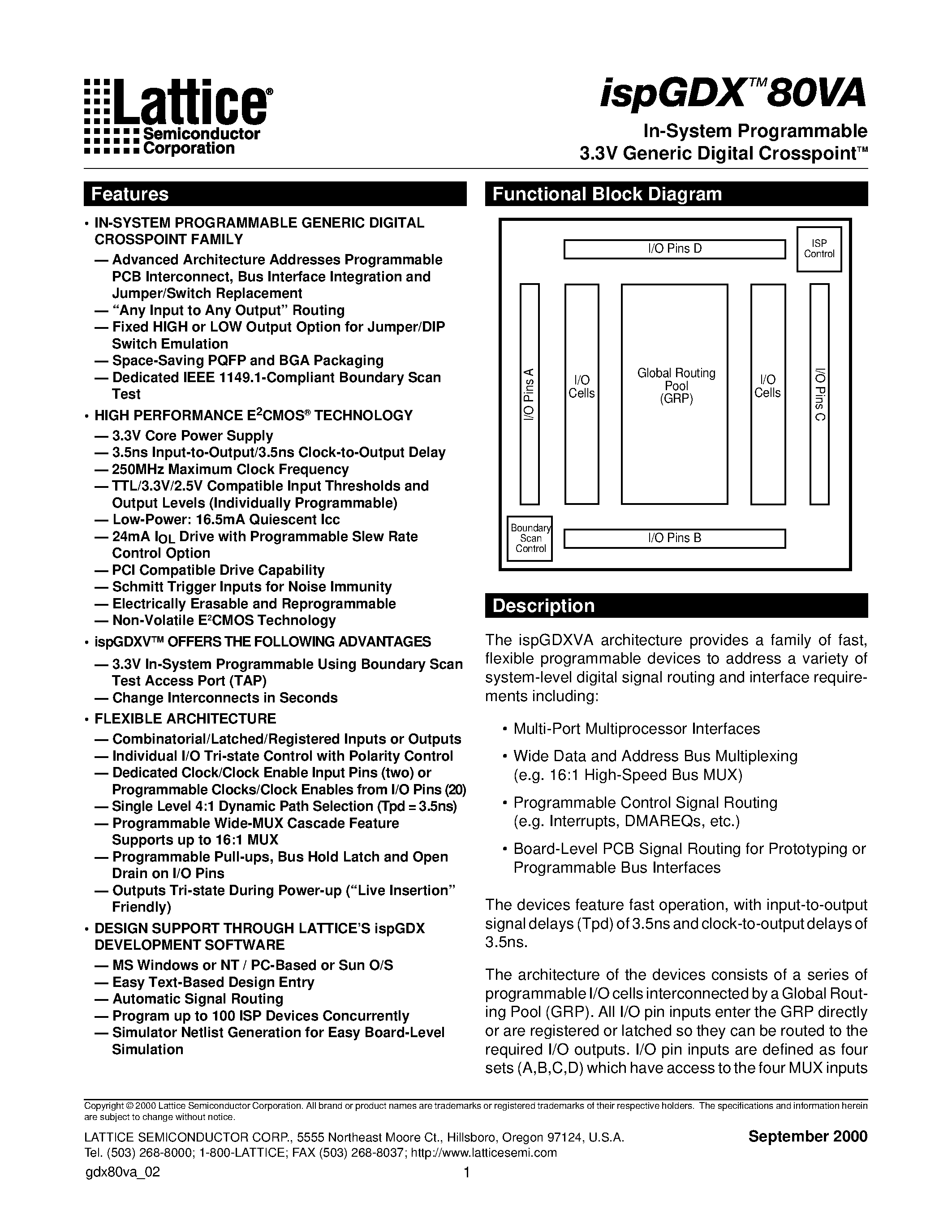 Datasheet ispGDX80VA-7T100I - In-System Programmable 3.3V Generic Digital CrosspointTM page 1