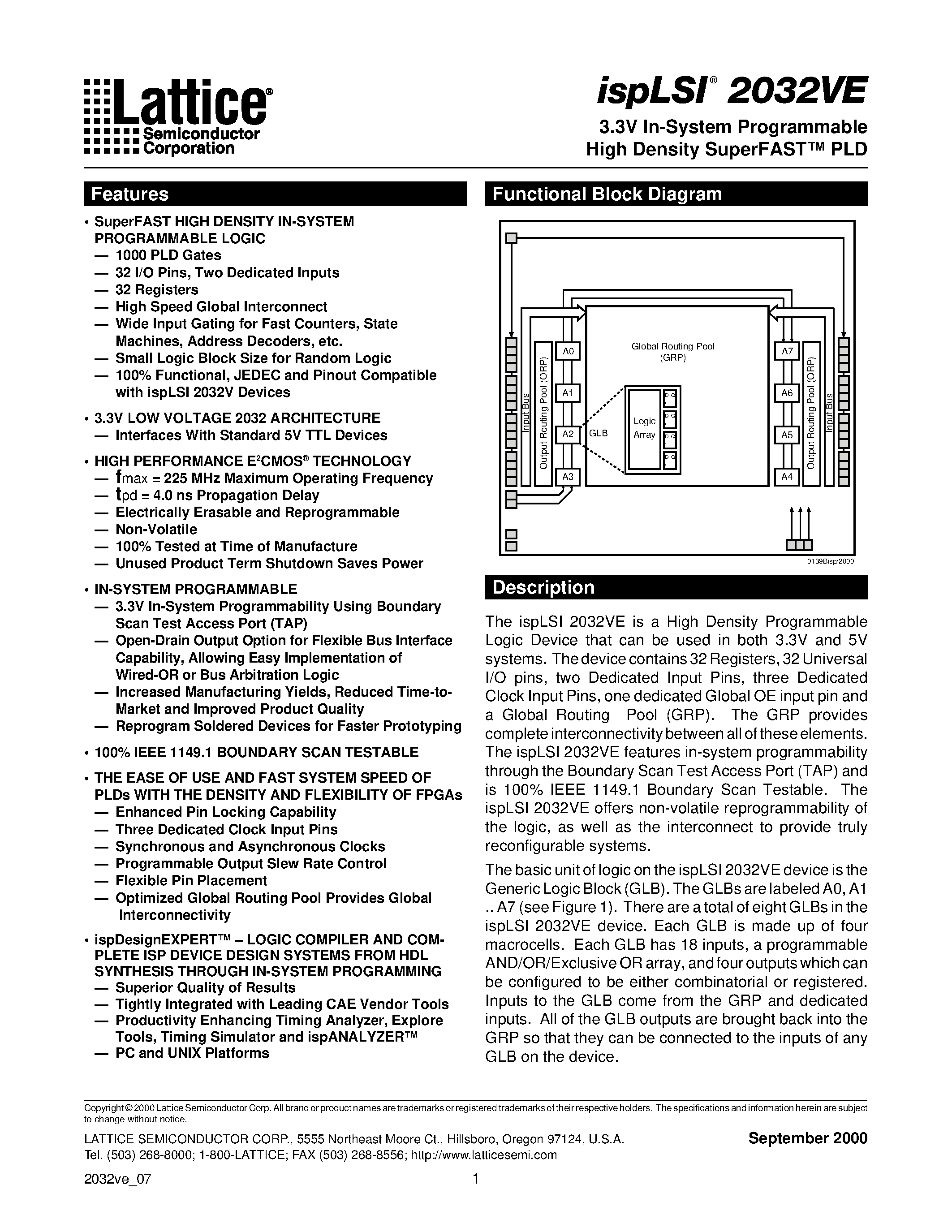 Datasheet ispLSI2032VE-180LT48 - 3.3V In-System Programmable High Density SuperFAST PLD page 1
