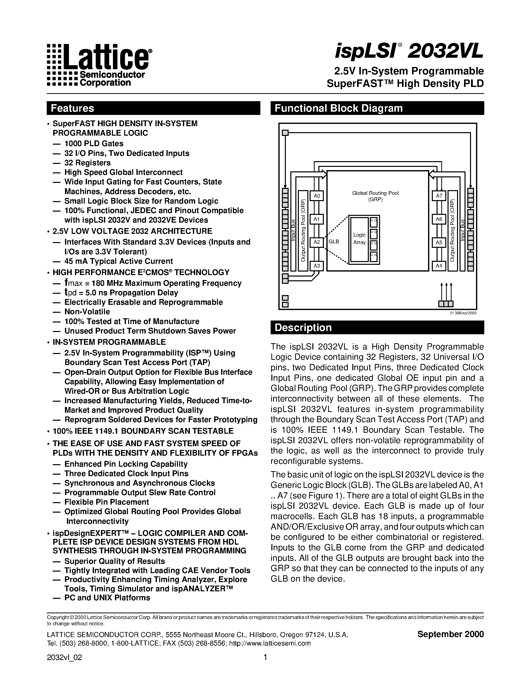 Datasheet ISPLSI2032VL - 2.5V In-System Programmable SuperFAST High Density PLD page 1