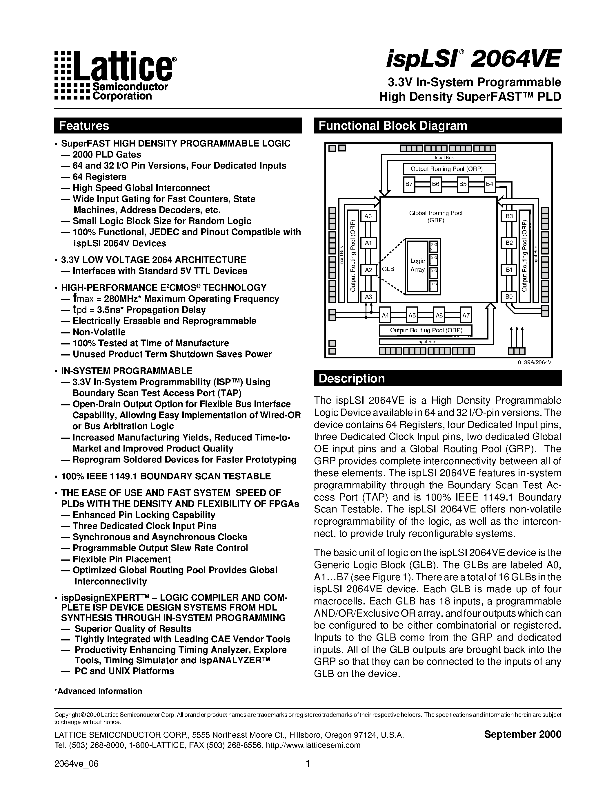 Datasheet ispLSI2064VE-135LT44 - 3.3V In-System Programmable High Density SuperFAST PLD page 1