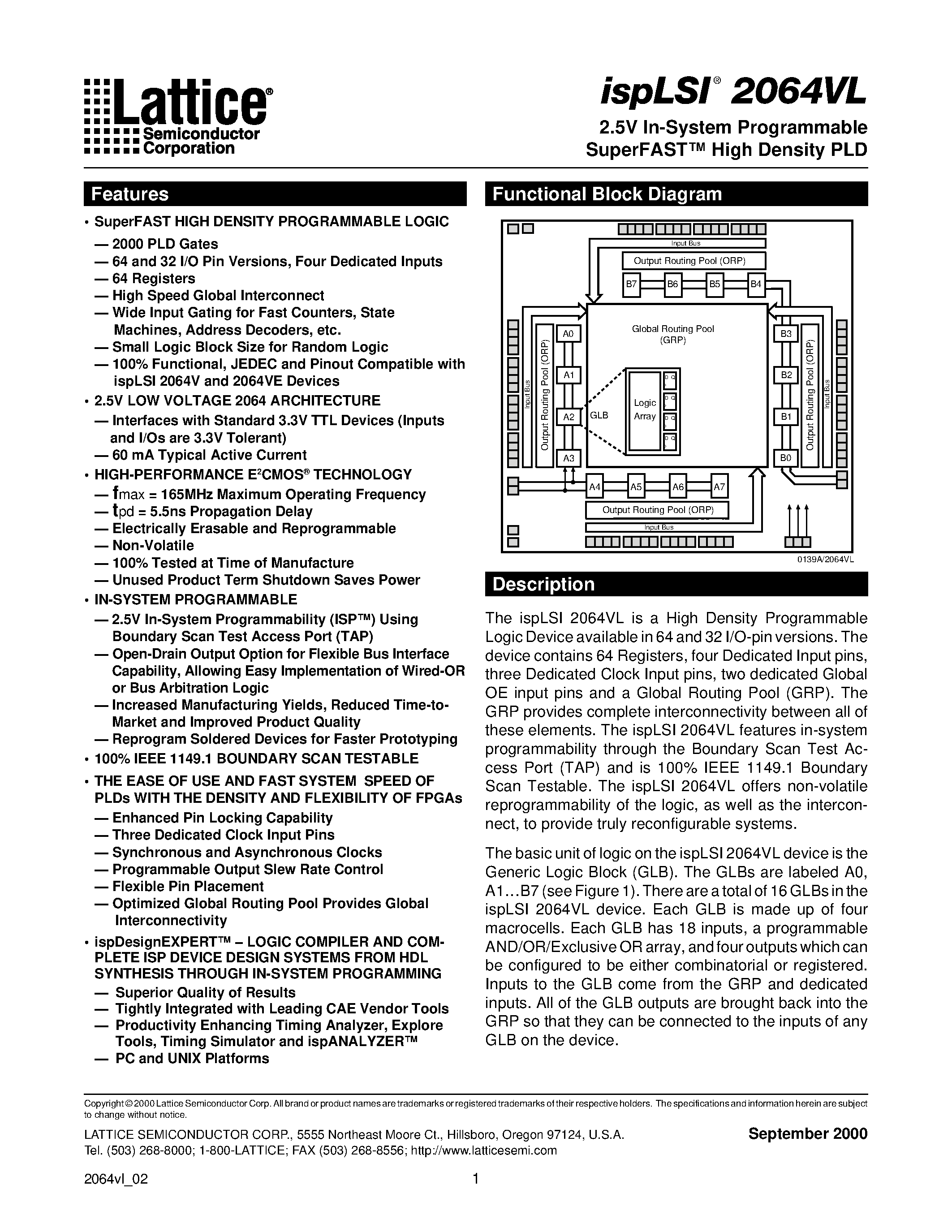 Datasheet ispLSI2064VL-165LJ44 - 2.5V In-System Programmable SuperFAST High Density PLD page 1