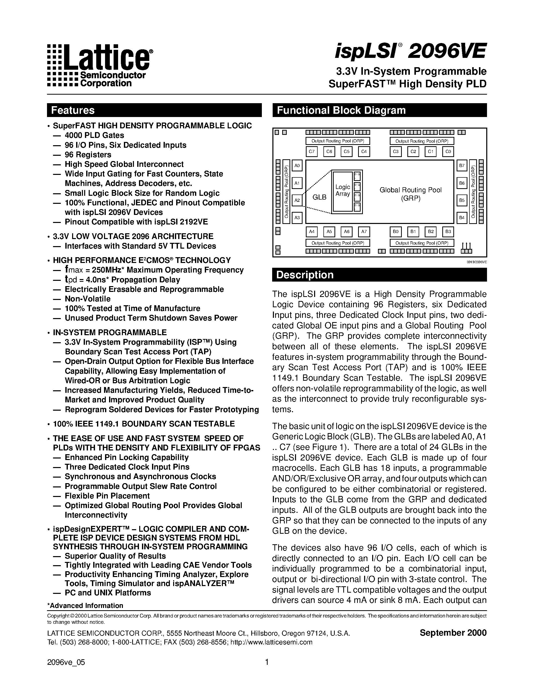 Datasheet ispLSI2096VE-135LT128I - 3.3V In-System Programmable SuperFAST High Density PLD page 1