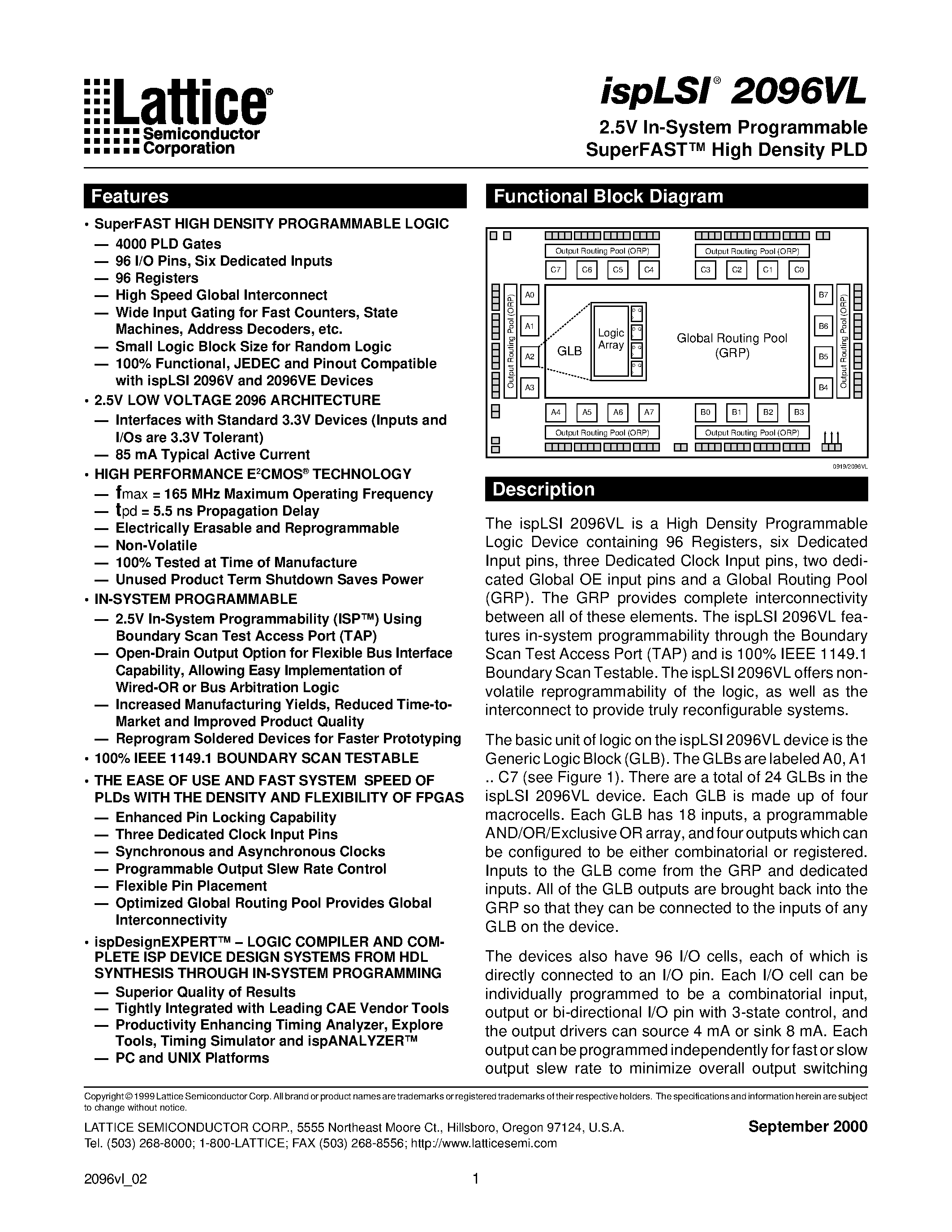 Datasheet ispLSI2096VL-135LT128 - 2.5V In-System Programmable SuperFAST High Density PLD page 1