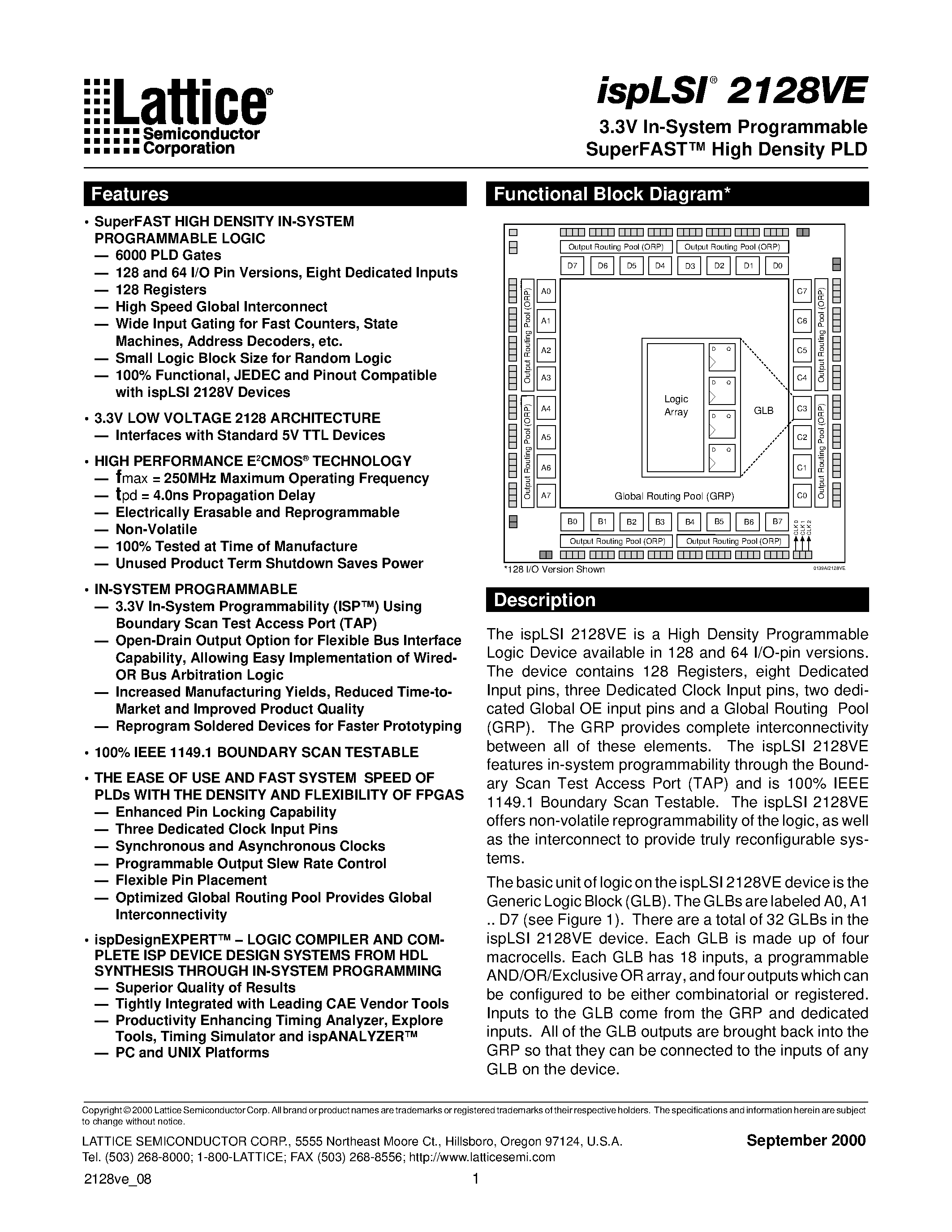 Datasheet ispLSI2128VE-250LB208 - 3.3V In-System Programmable SuperFAST High Density PLD page 1