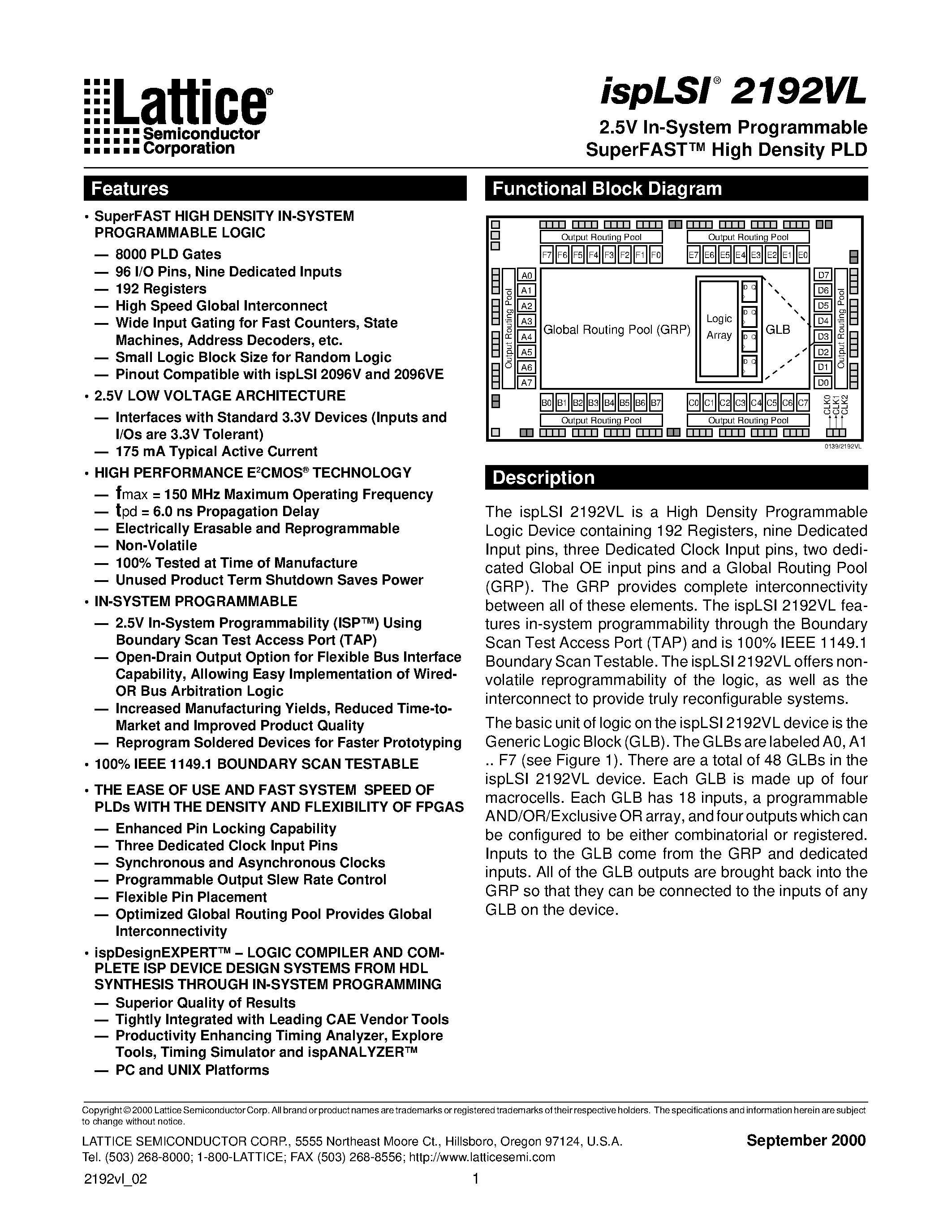 Datasheet ispLSI2192VL-100LB144 - 2.5V In-System Programmable SuperFAST High Density PLD page 1