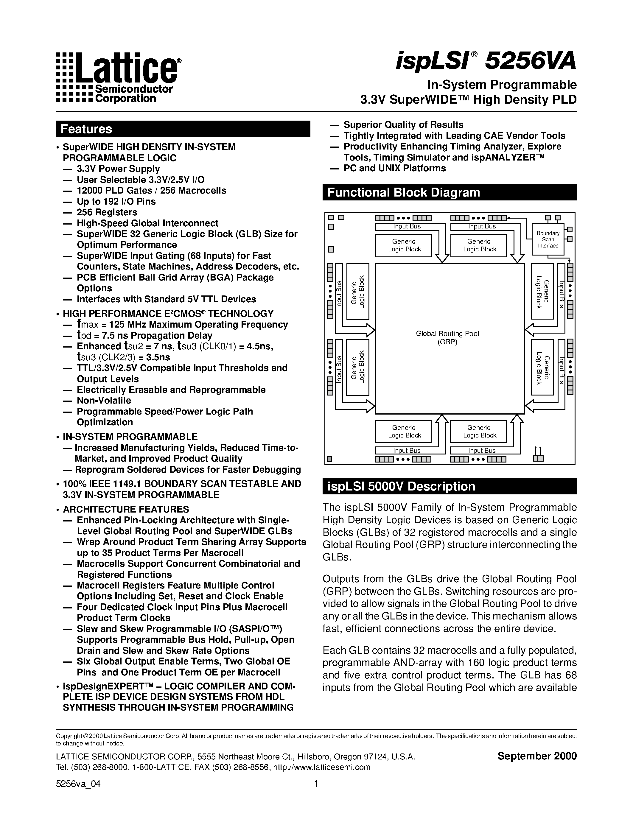 Datasheet ispLSI5256VA-100LB272 - In-System Programmable 3.3V SuperWIDE High Density PLD page 1