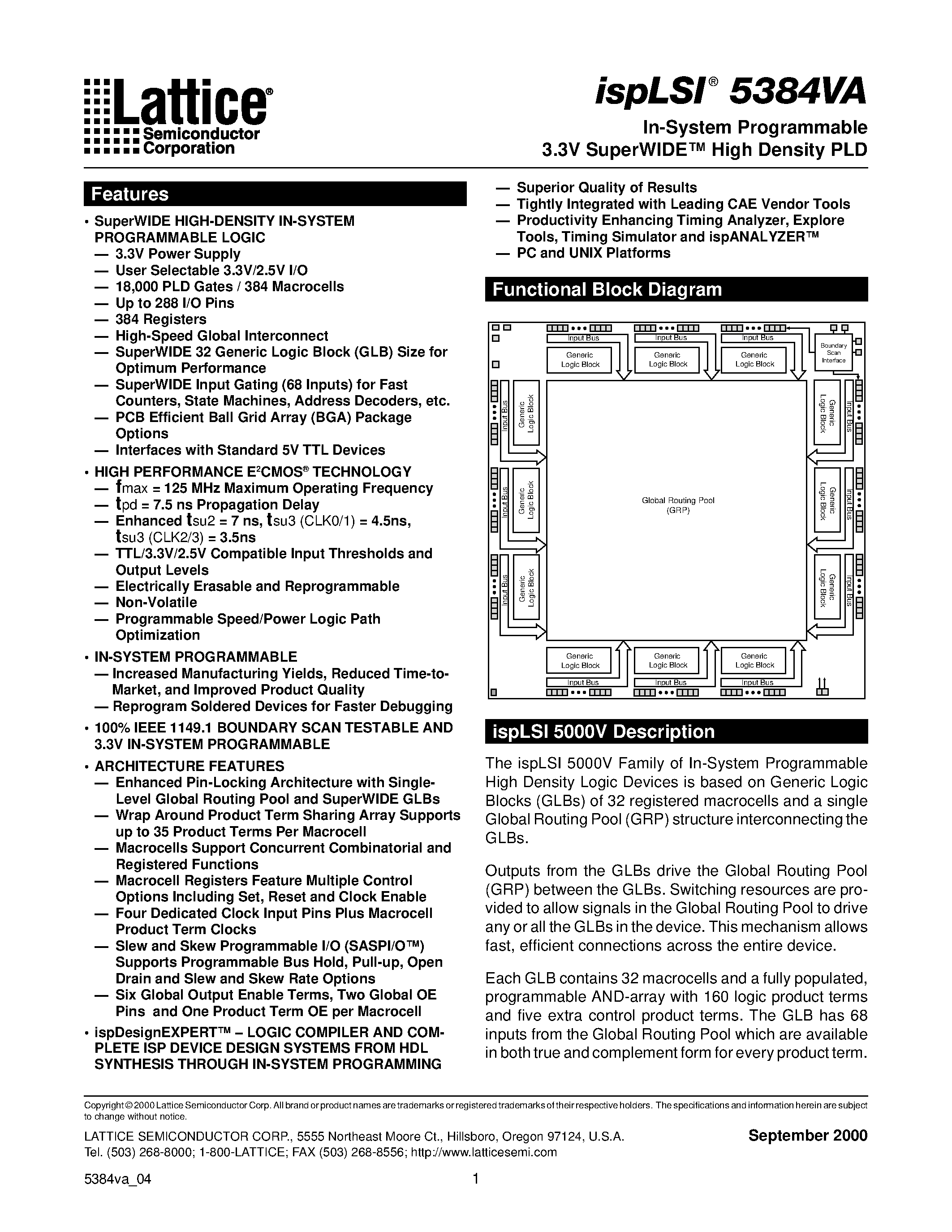 Datasheet ispLSI5384VA-125LQ208 - In-System Programmable 3.3V SuperWIDE High Density PLD page 1