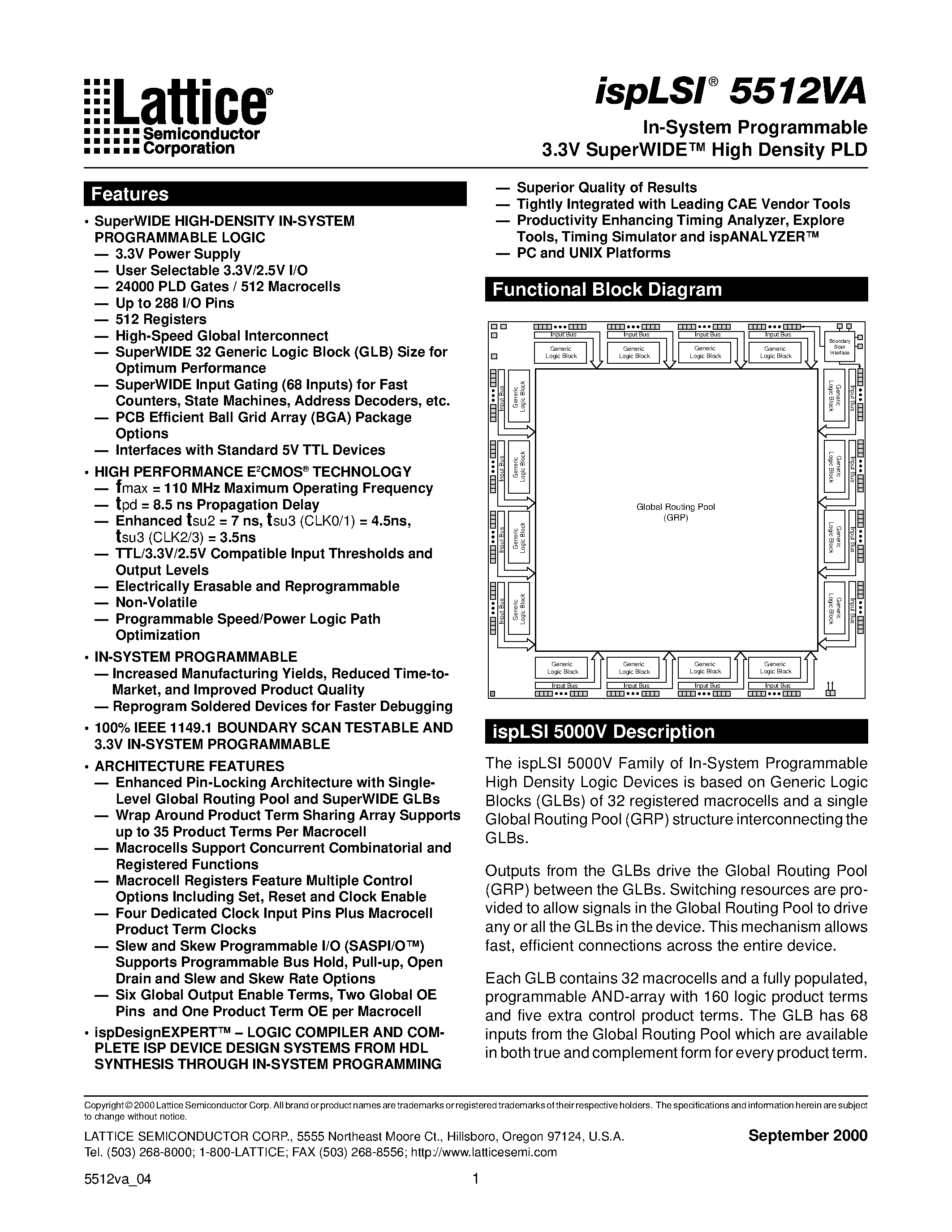 Datasheet ispLSI5512VA-100LB388 - In-System Programmable 3.3V SuperWIDE High Density PLD page 1