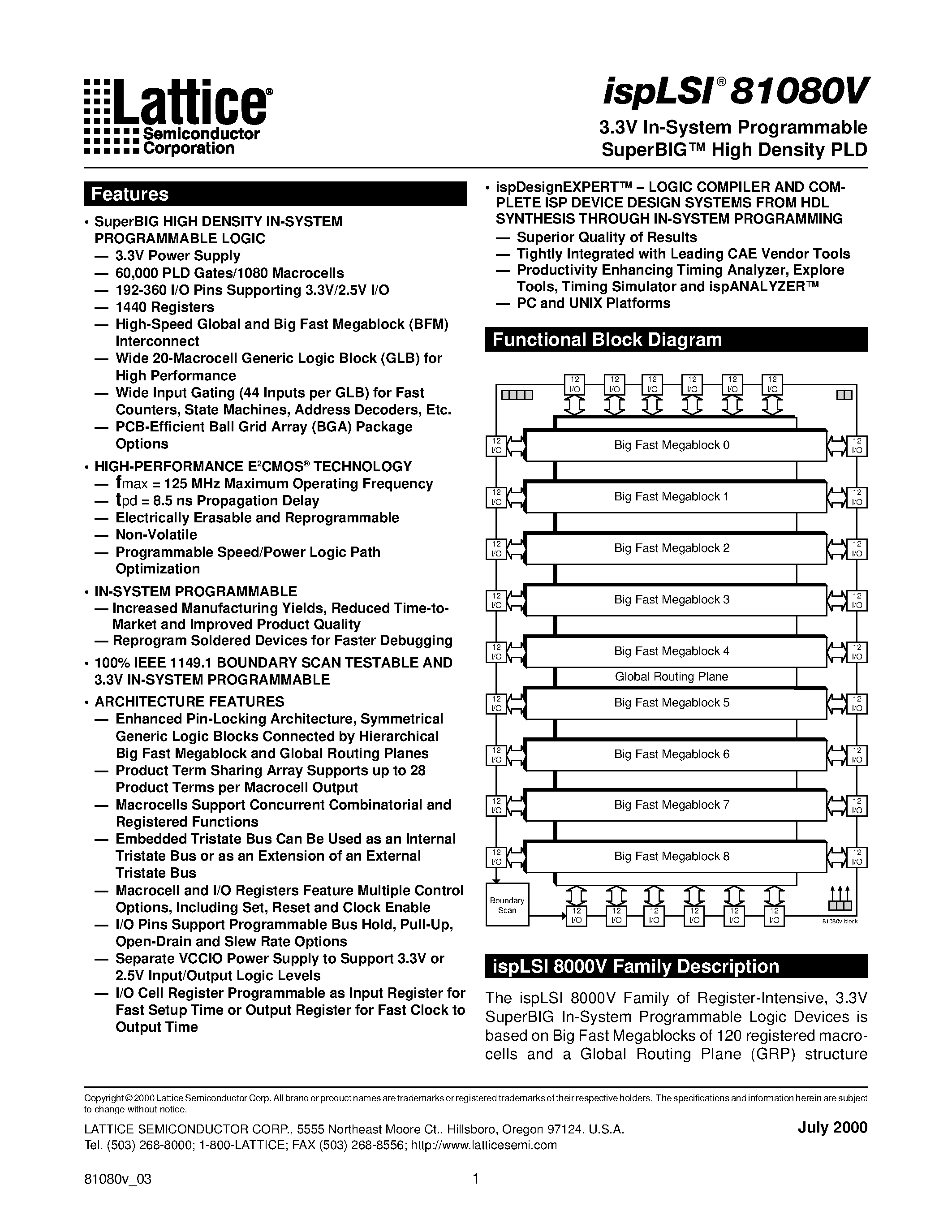 Datasheet ispLSI81080V-90LB492 - 3.3V In-System Programmable SuperBIG High Density PLD page 1