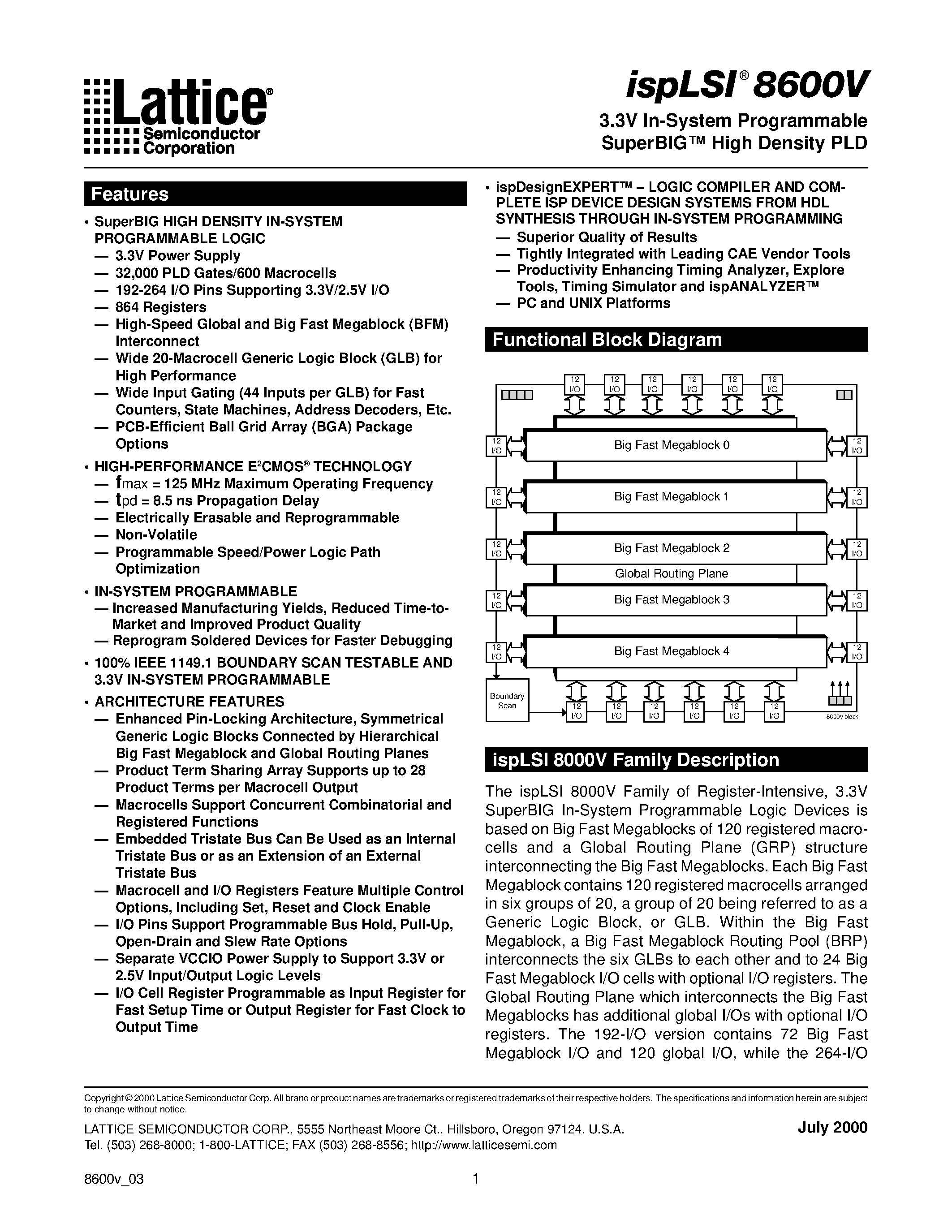 Datasheet ispLSI8600V-60LB272 - 3.3V In-System Programmable SuperBIG High Density PLD page 1