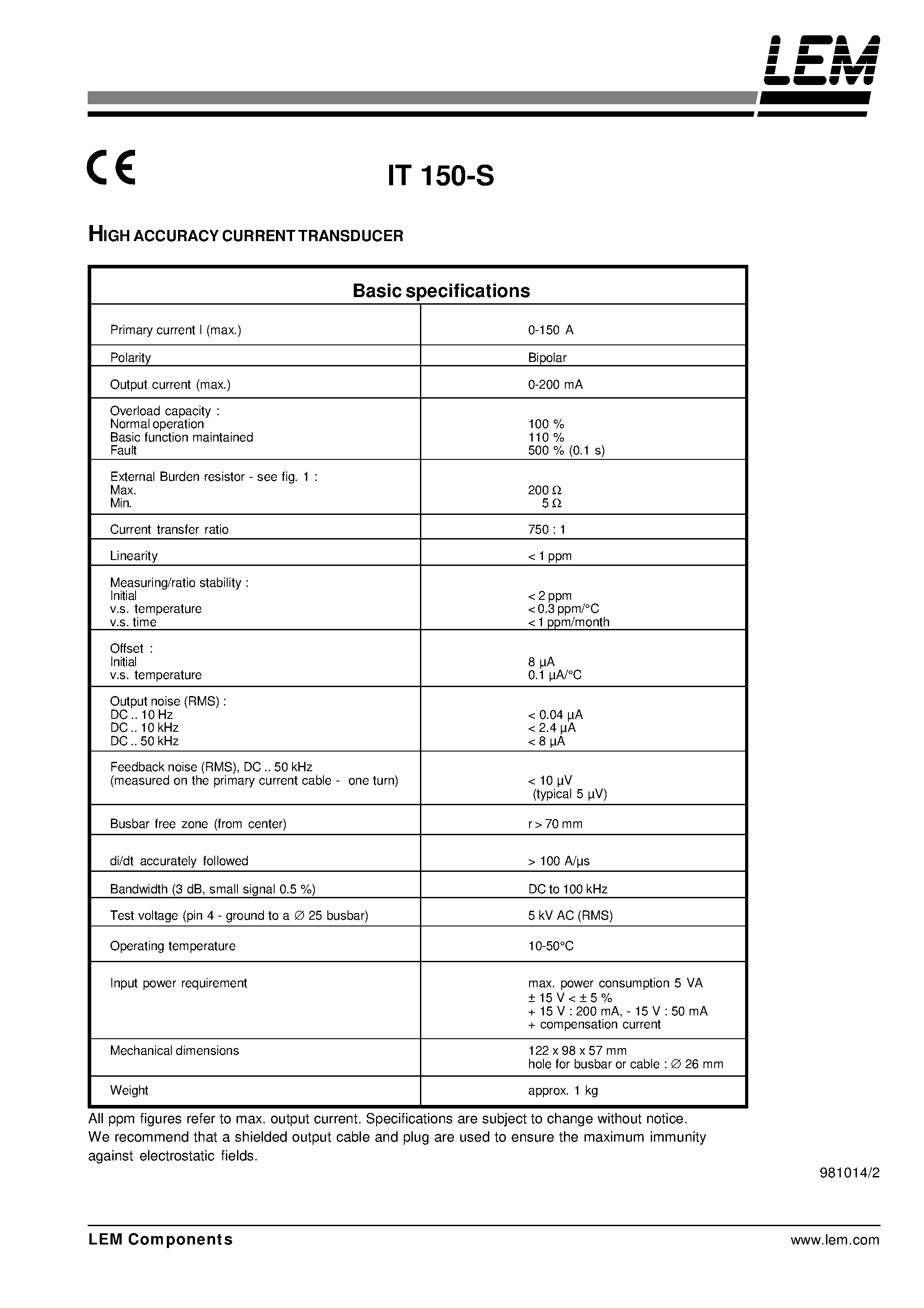 Datasheet IT150-S - HIGH ACCURACY CURRENT TRANSDUCER page 1