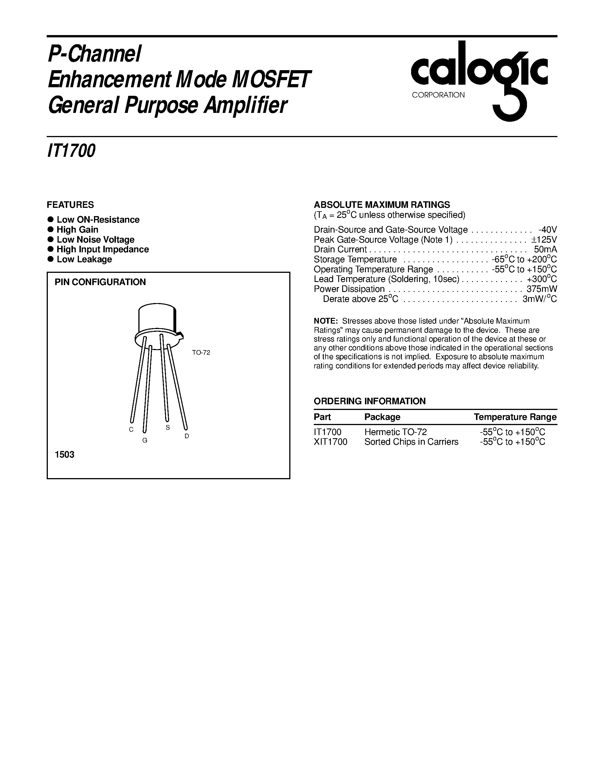 Datasheet IT1700 page 1 Datasheet IT1700 - P-Channel Enhancement Mode MOSFET General Purpose Amplifier page 1