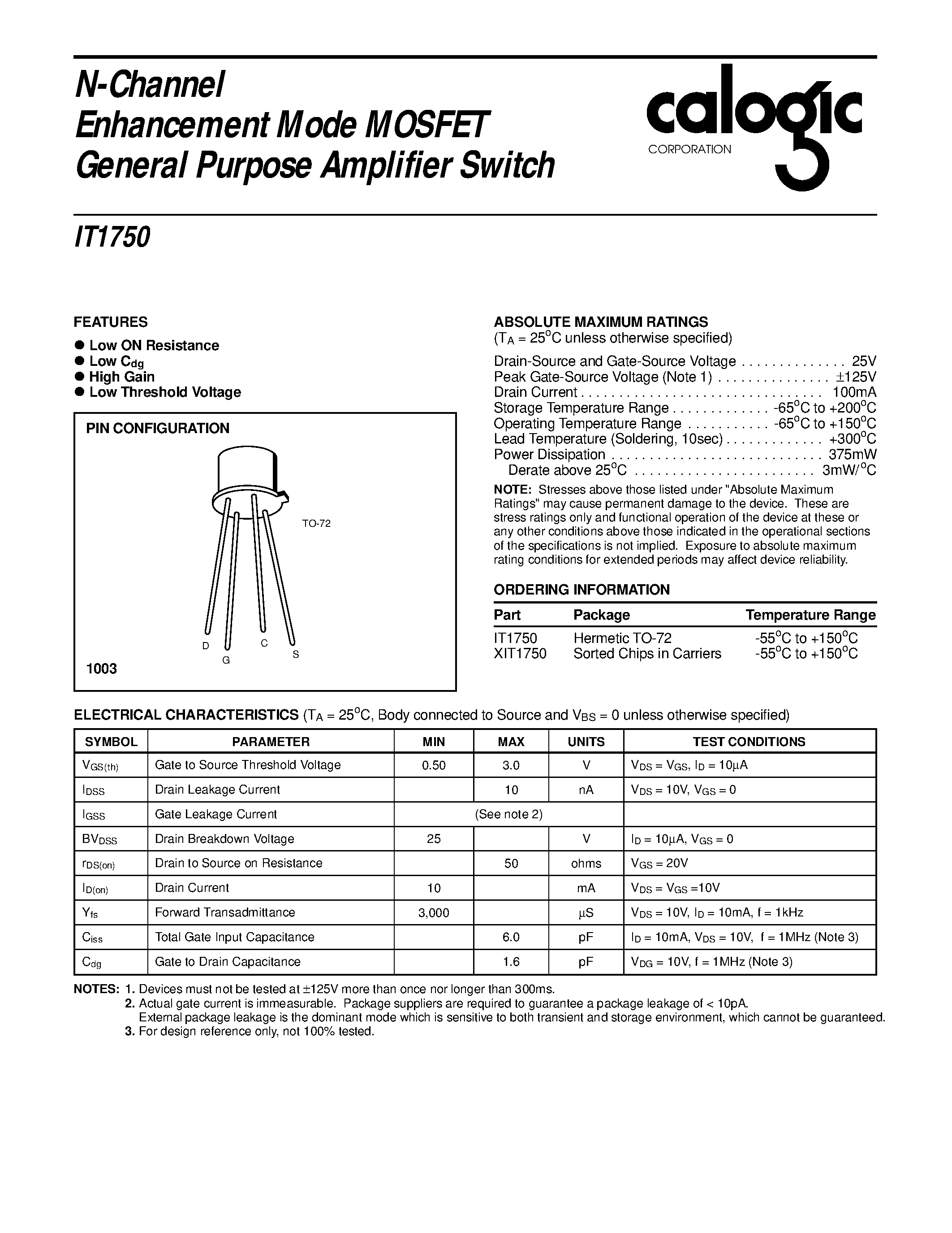 Datasheet IT1750 - N-Channel Enhancement Mode MOSFET General Purpose Amplifier Switch page 1