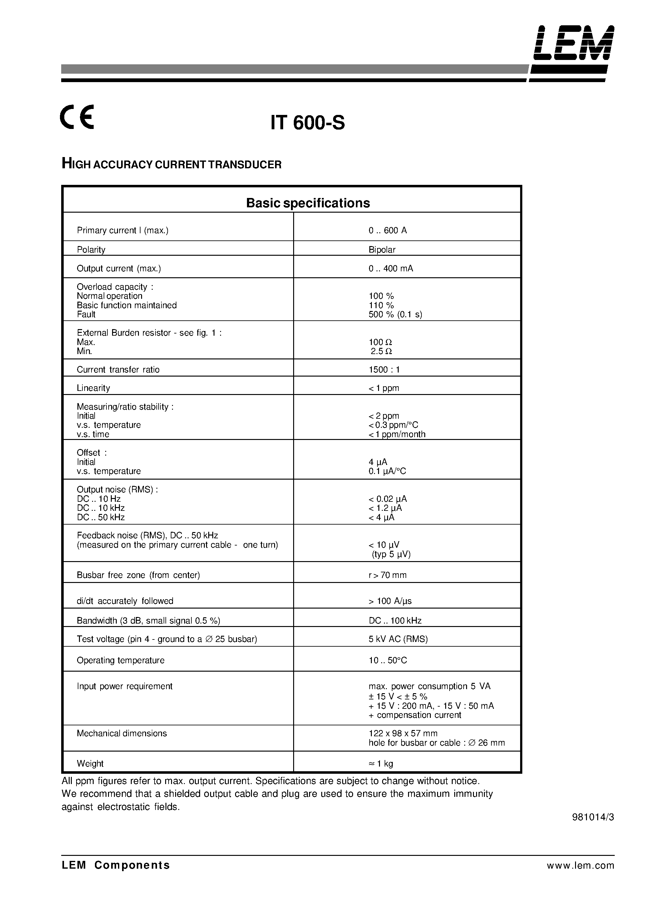 Datasheet IT600-S - HIGH ACCURACY CURRENT TRANSDUCER page 1