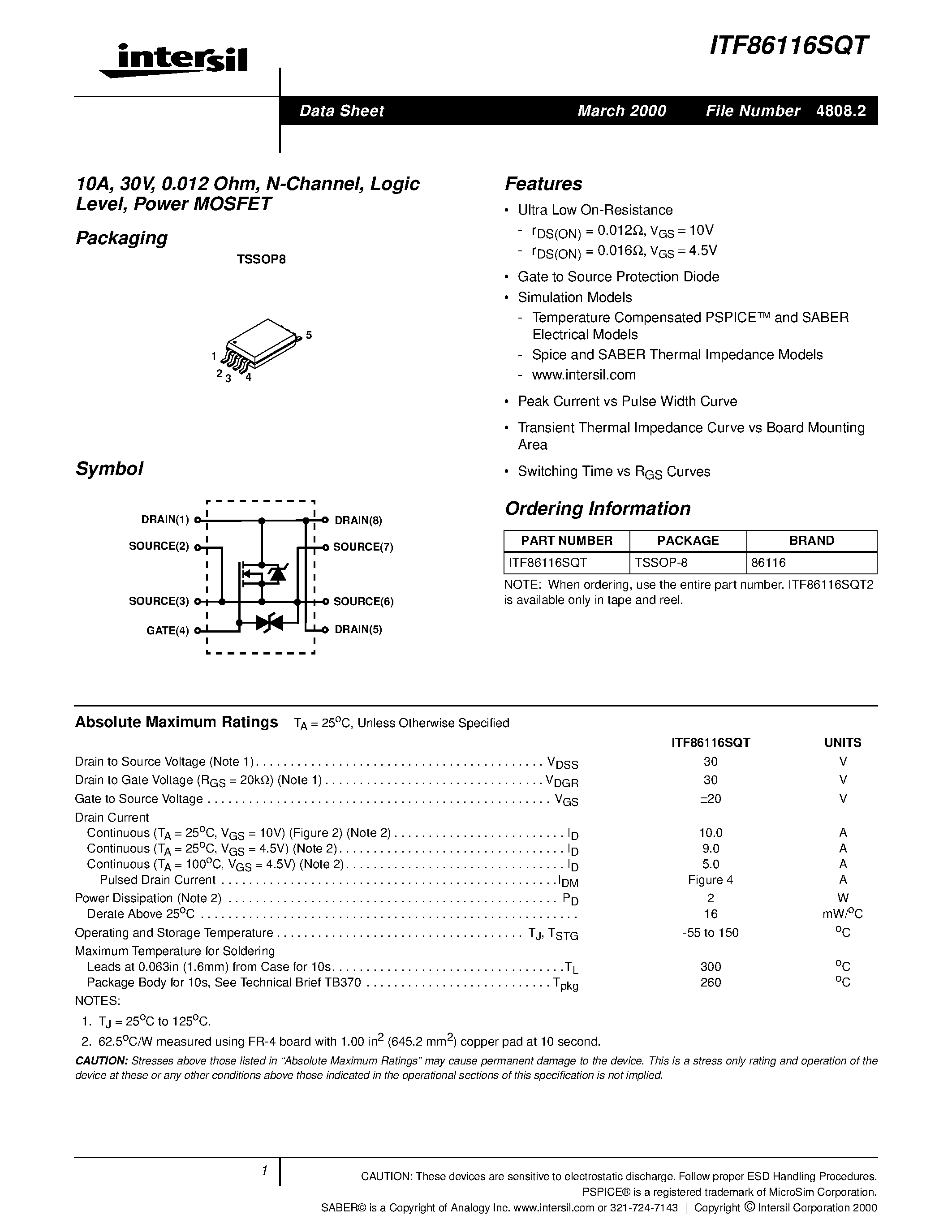Datasheet ITF86116SQT - 10A/ 30V/ 0.012 Ohm/ N-Channel/ Logic Level/ Power MOSFET page 1