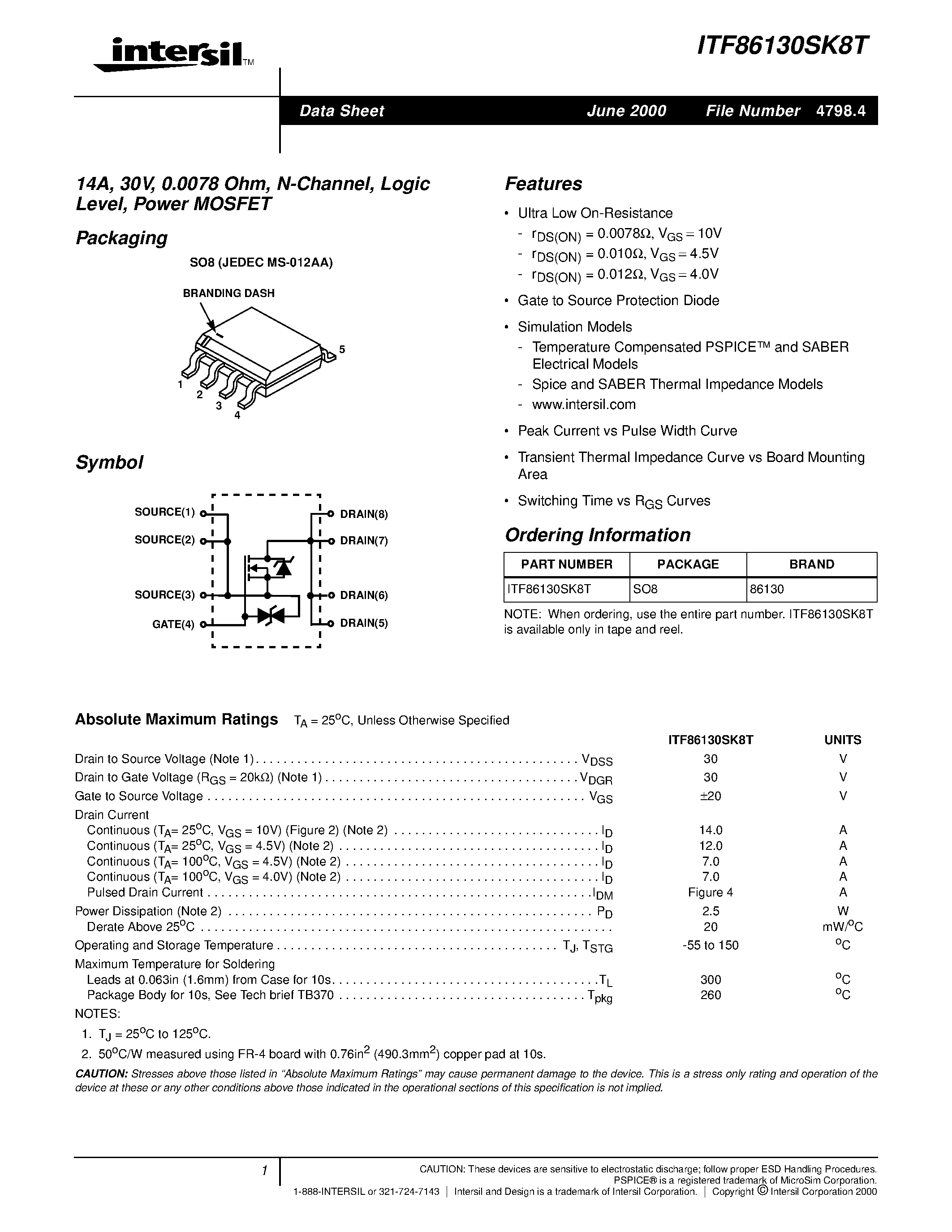 Datasheet ITF86130SK8T - 14A/ 30V/ 0.0078 Ohm/ N-Channel/ Logic Level/ Power MOSFET page 1