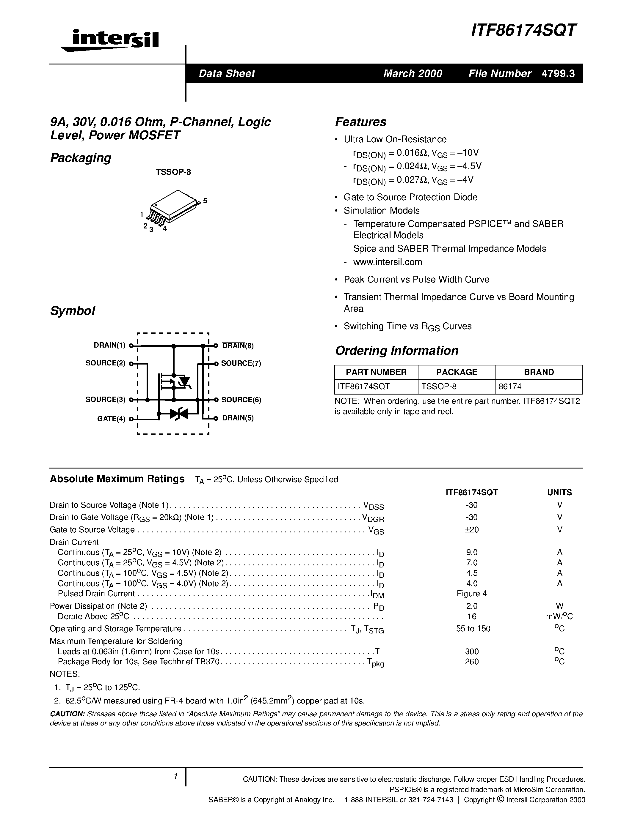Datasheet ITF86174SQT - 9A/ 30V/ 0.016 Ohm/ P-Channel/ Logic Level/ Power MOSFET page 1