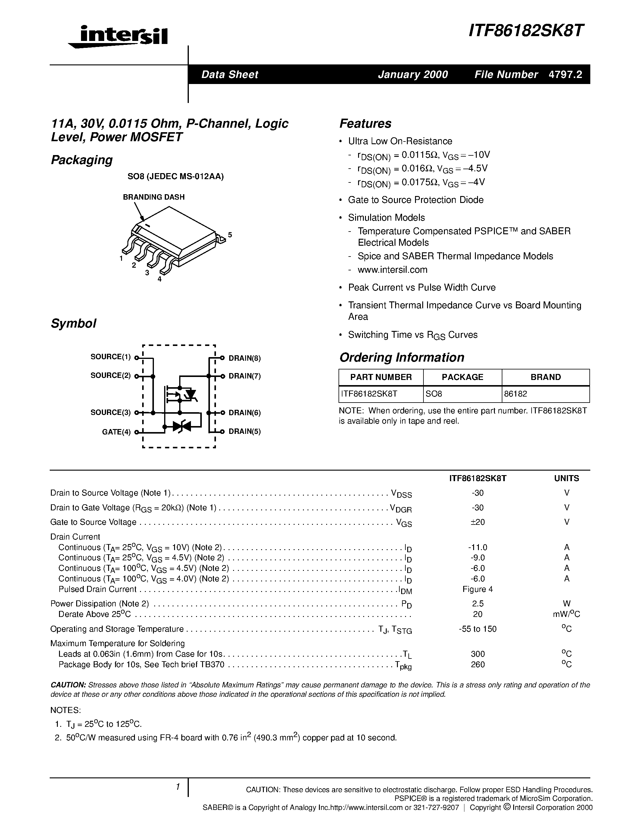 Даташит на микросхему ITF86182SK8T страница 1 Даташит ITF86182SK8T - 11A/ 30V/ 0.0115 Ohm/ P-Channel/ Logic Level/ Power MOSFET страница 1