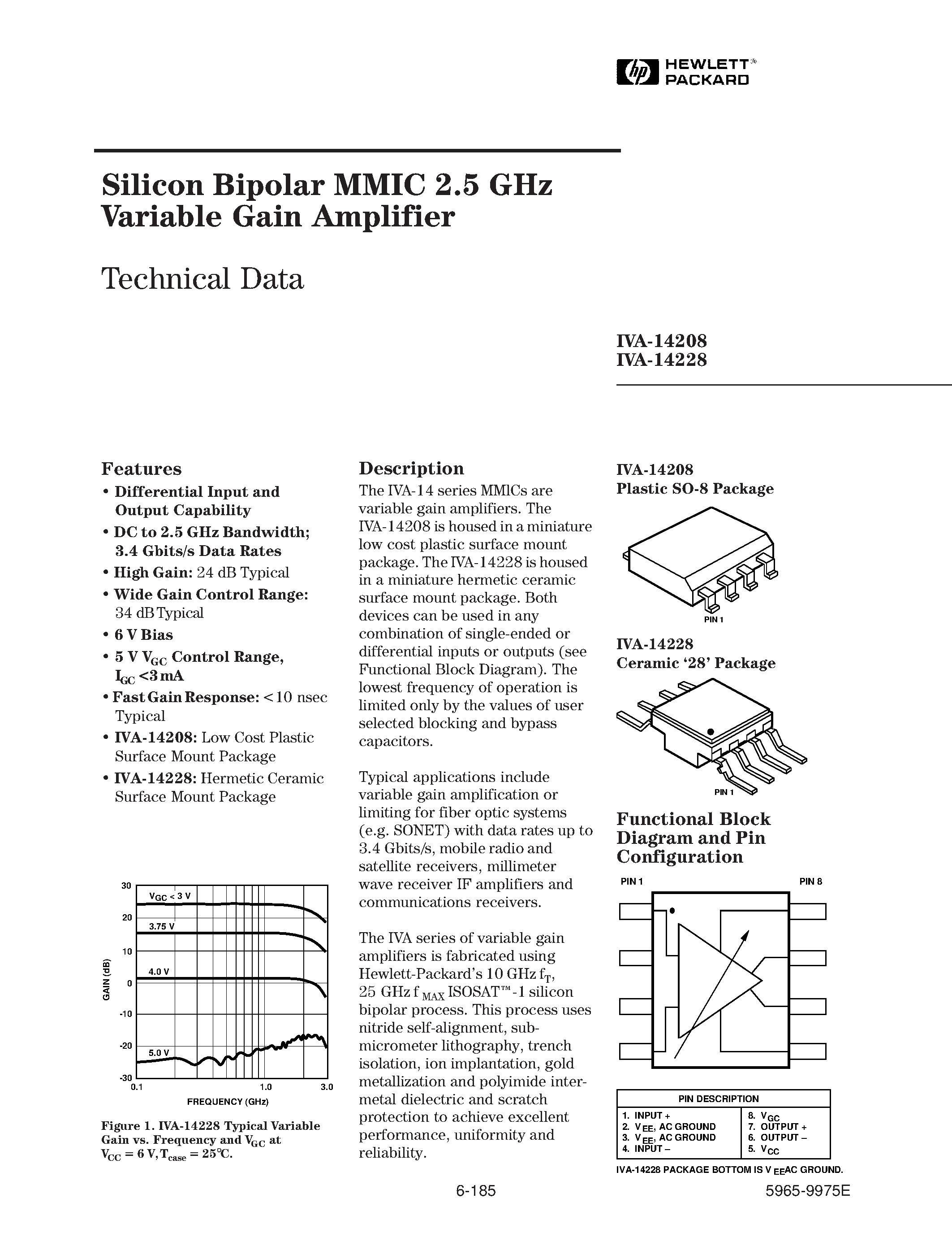 Datasheet IVA-14208-TR1 page 1 Datasheet IVA-14208-TR1 - Silicon Bipolar MMIC 2.5 GHz Variable Gain Amplifier page 1