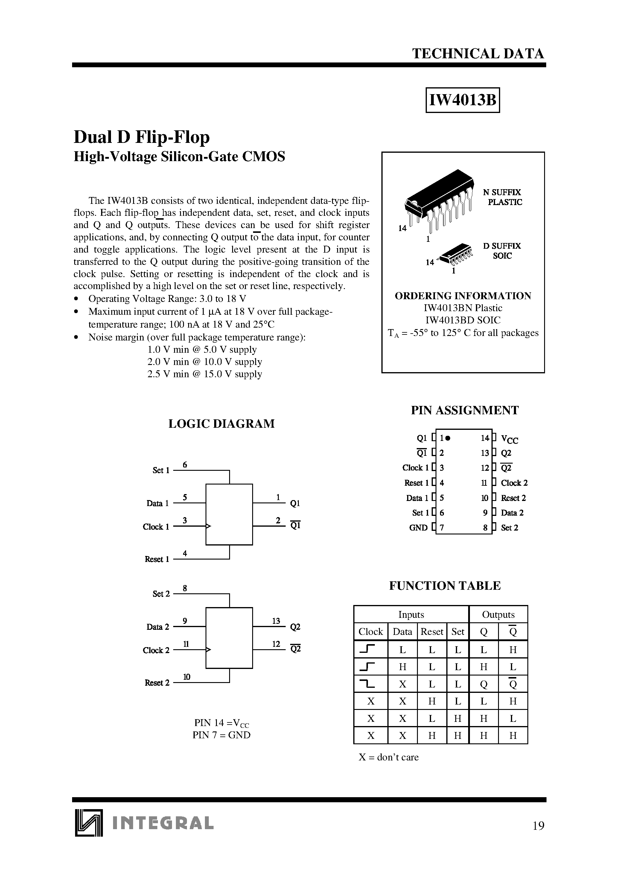 Даташит IW4013BN - Dual D Flip-Flop High-Voltage Silicon-Gate CMOS страница 1