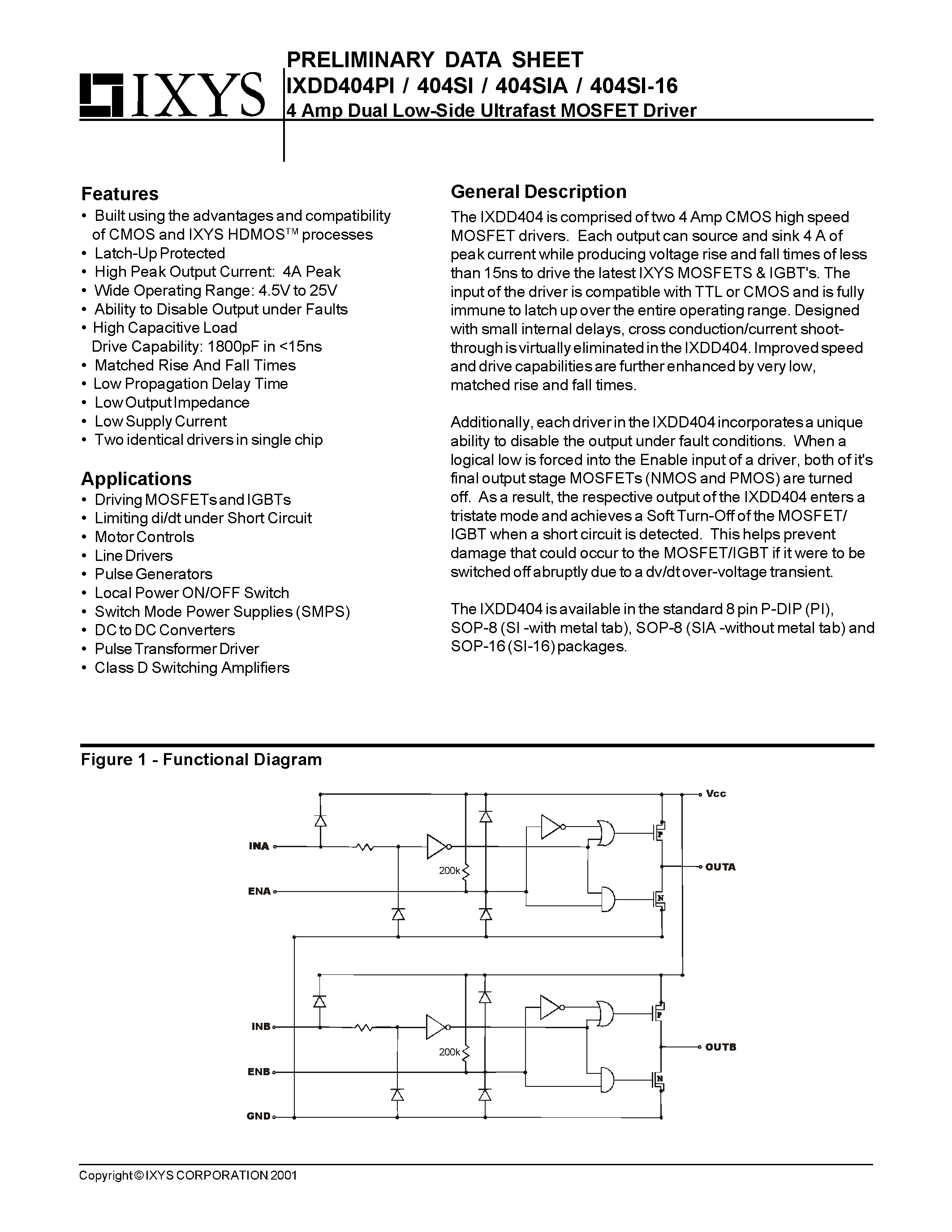 Даташит IXDD404PI - 4 Amp Dual Low-Side Ultrafast MOSFET Driver страница 1
