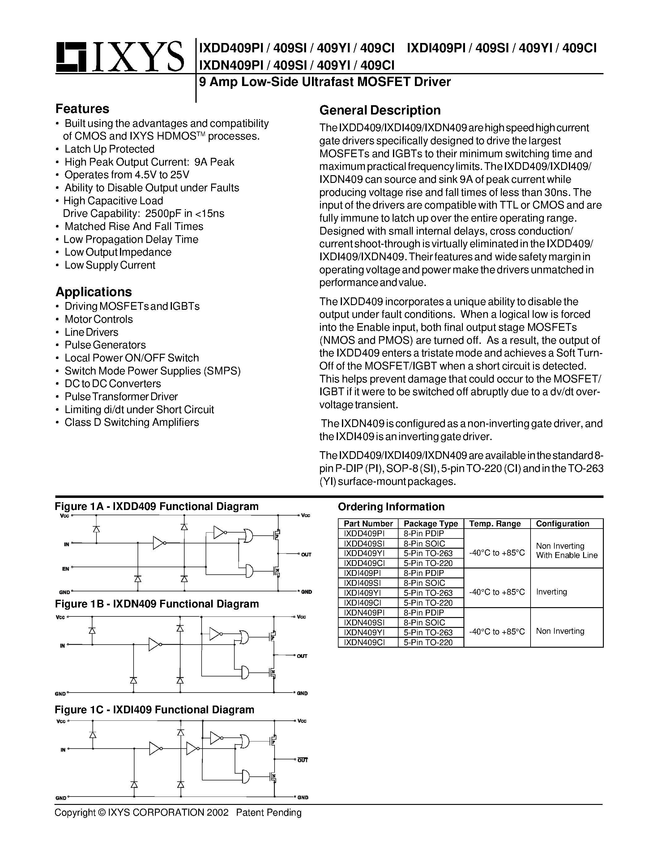 Datasheet IXDD409SI - 9 Amp Low-Side Ultrafast MOSFET Driver page 1