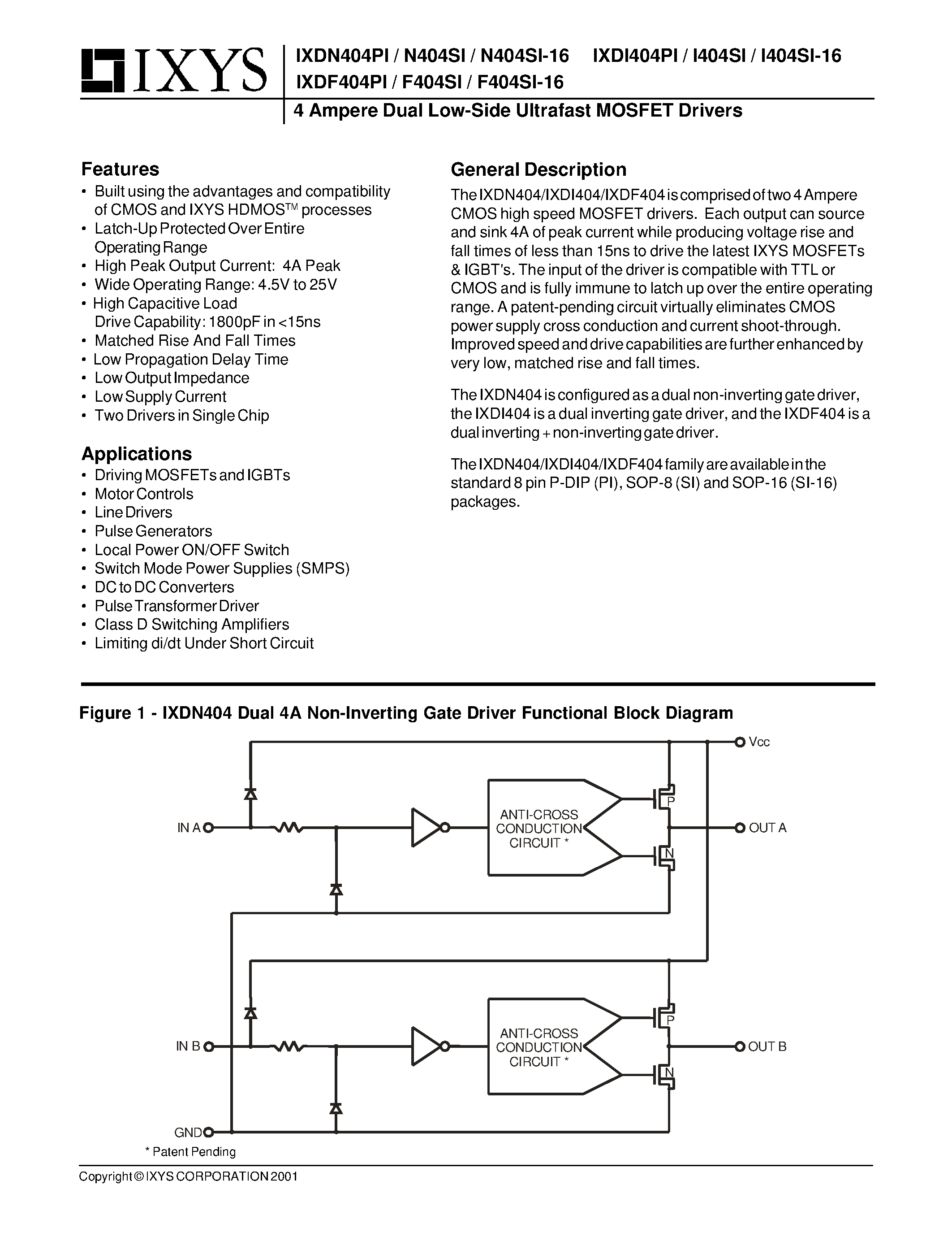 Datasheet IXDF404SI - 4 Ampere Dual Low-Side Ultrafast MOSFET Drivers page 1