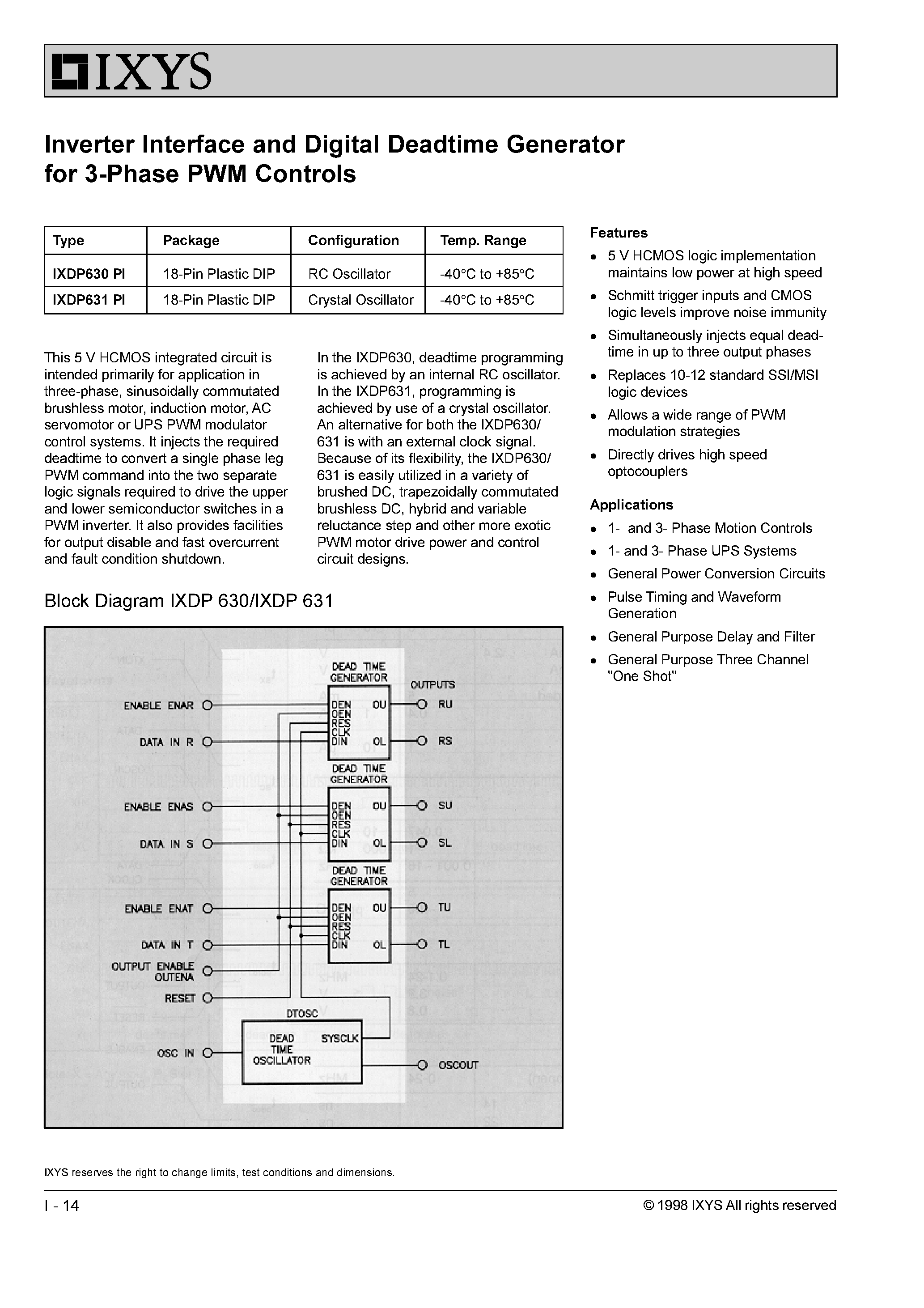 Datasheet IXDP631 - Inverter Interface and Digital Deadtime Generator for 3-Phase PWM Controls page 1