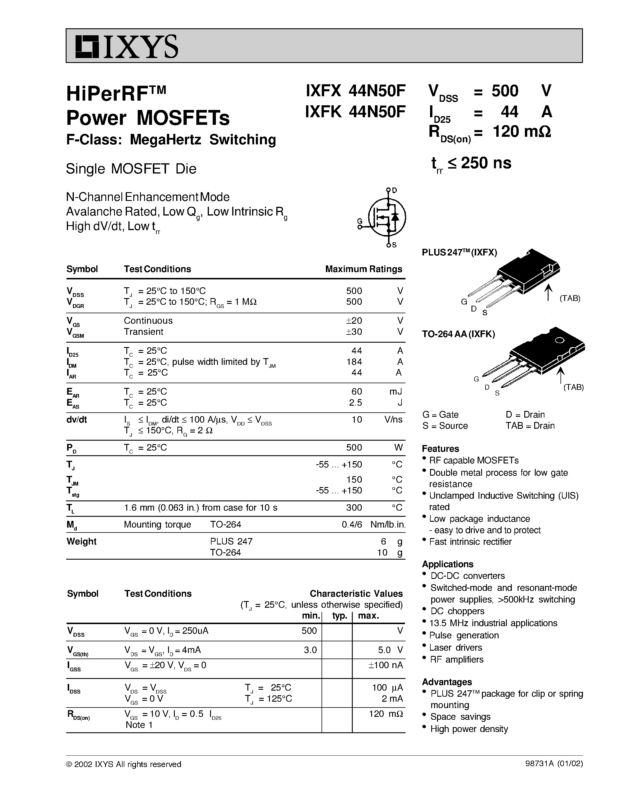 Даташит IXFK44N50F - HiPerRF Power MOSFETs F-Class MegaHertz Switching Single MOSFET Die страница 1
