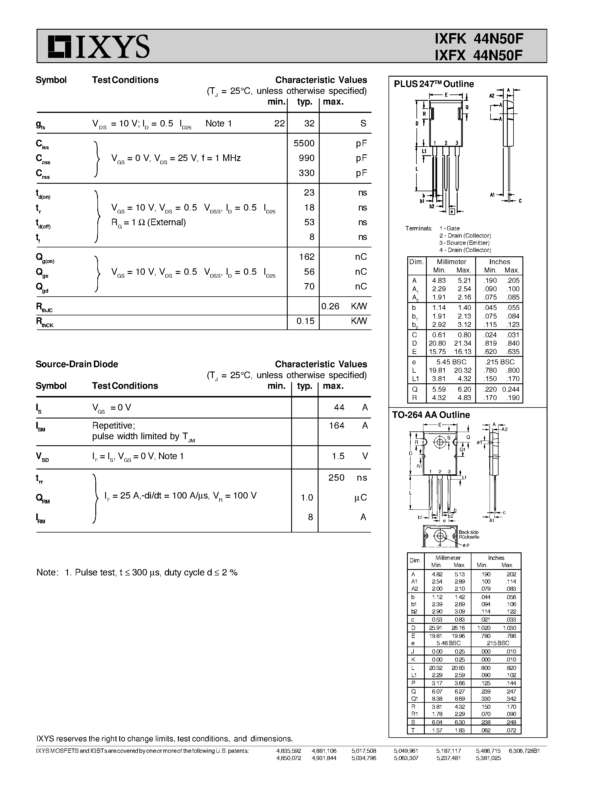 Даташит IXFK44N50F - HiPerRF Power MOSFETs F-Class MegaHertz Switching Single MOSFET Die страница 2