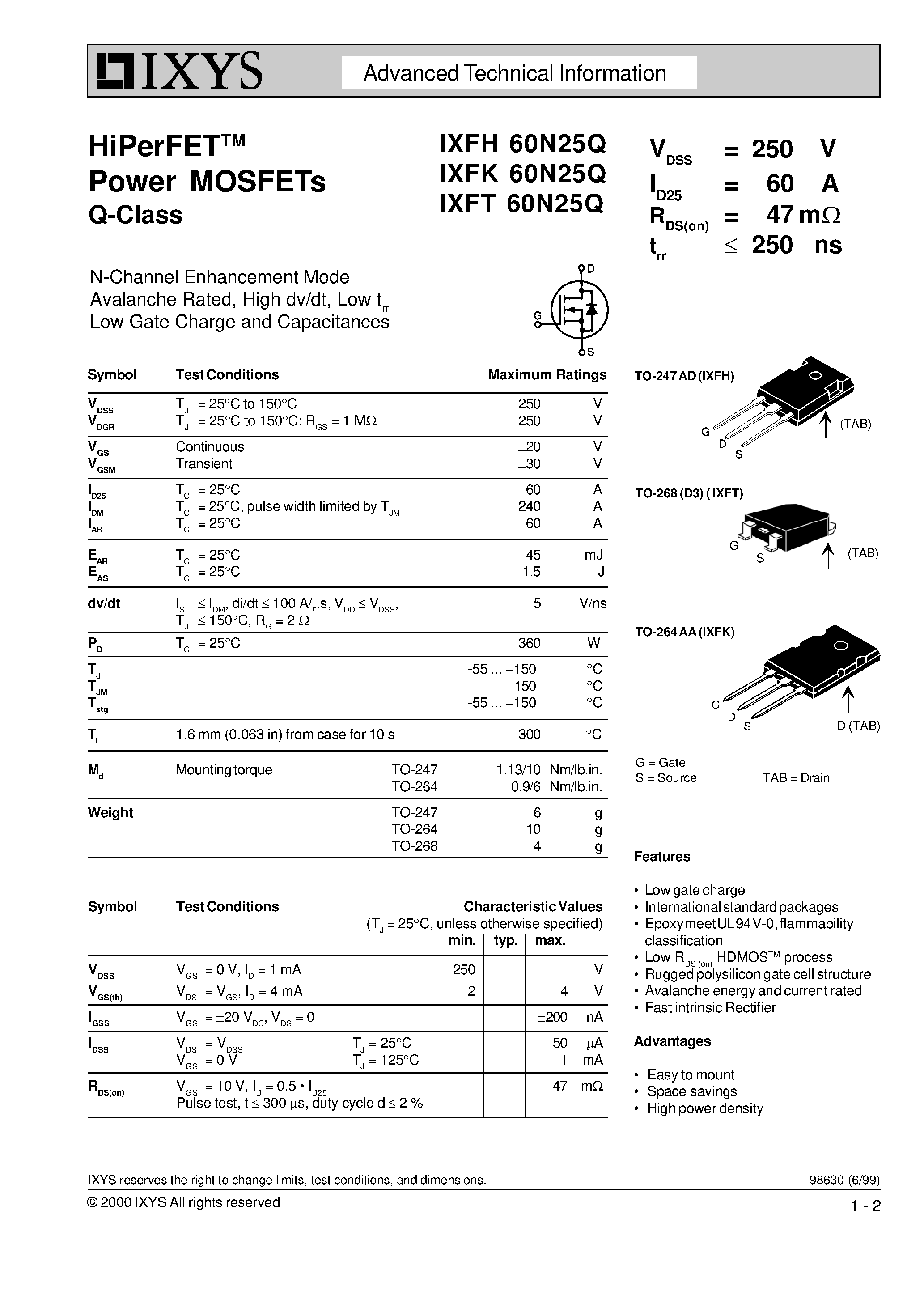Даташит IXFK60N25Q - HiPerFET Power MOSFETs Q-Class страница 1