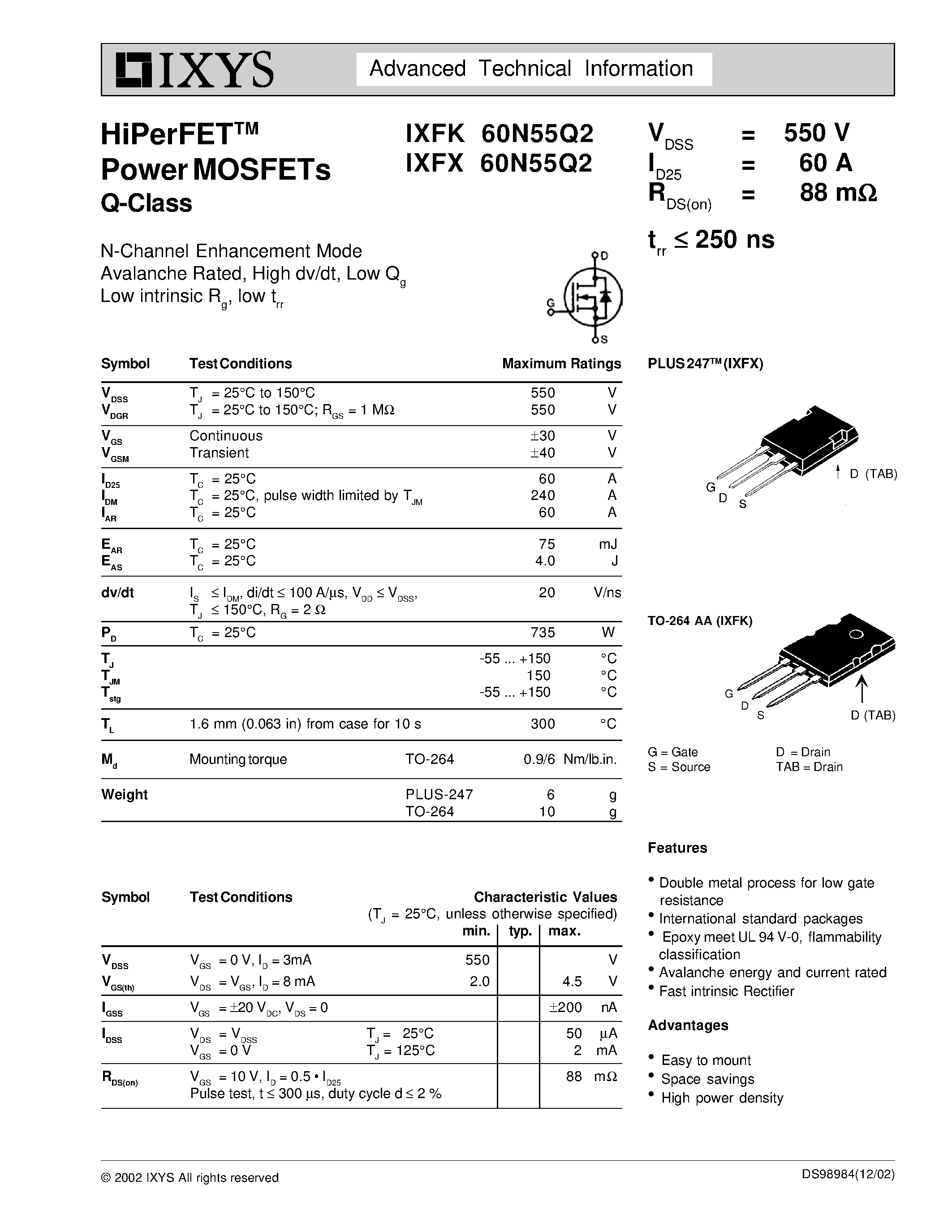 Даташит IXFK60N55Q2 - HiPerFET Power MOSFETs Q-Class страница 1