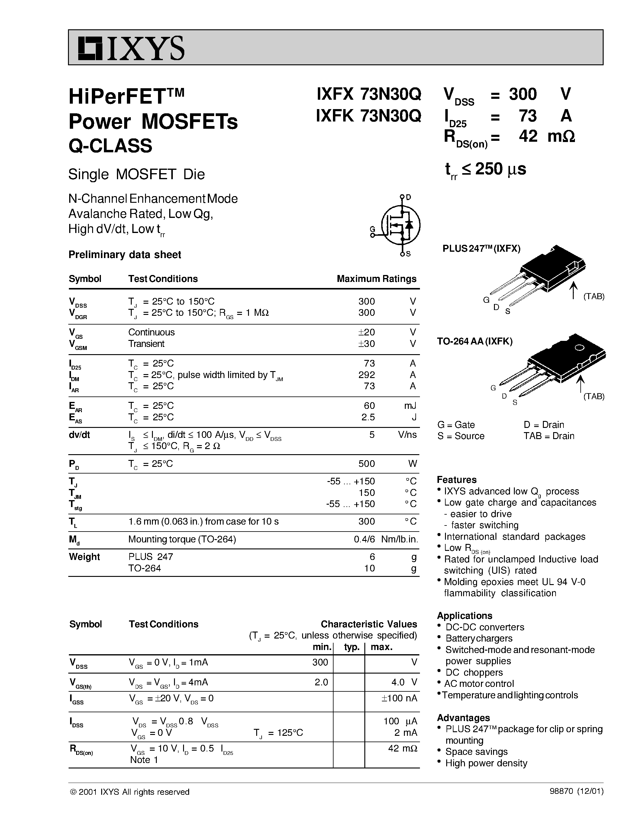 Даташит IXFK73N30Q - HiPerFET Power MOSFETs Q-CLASS страница 1