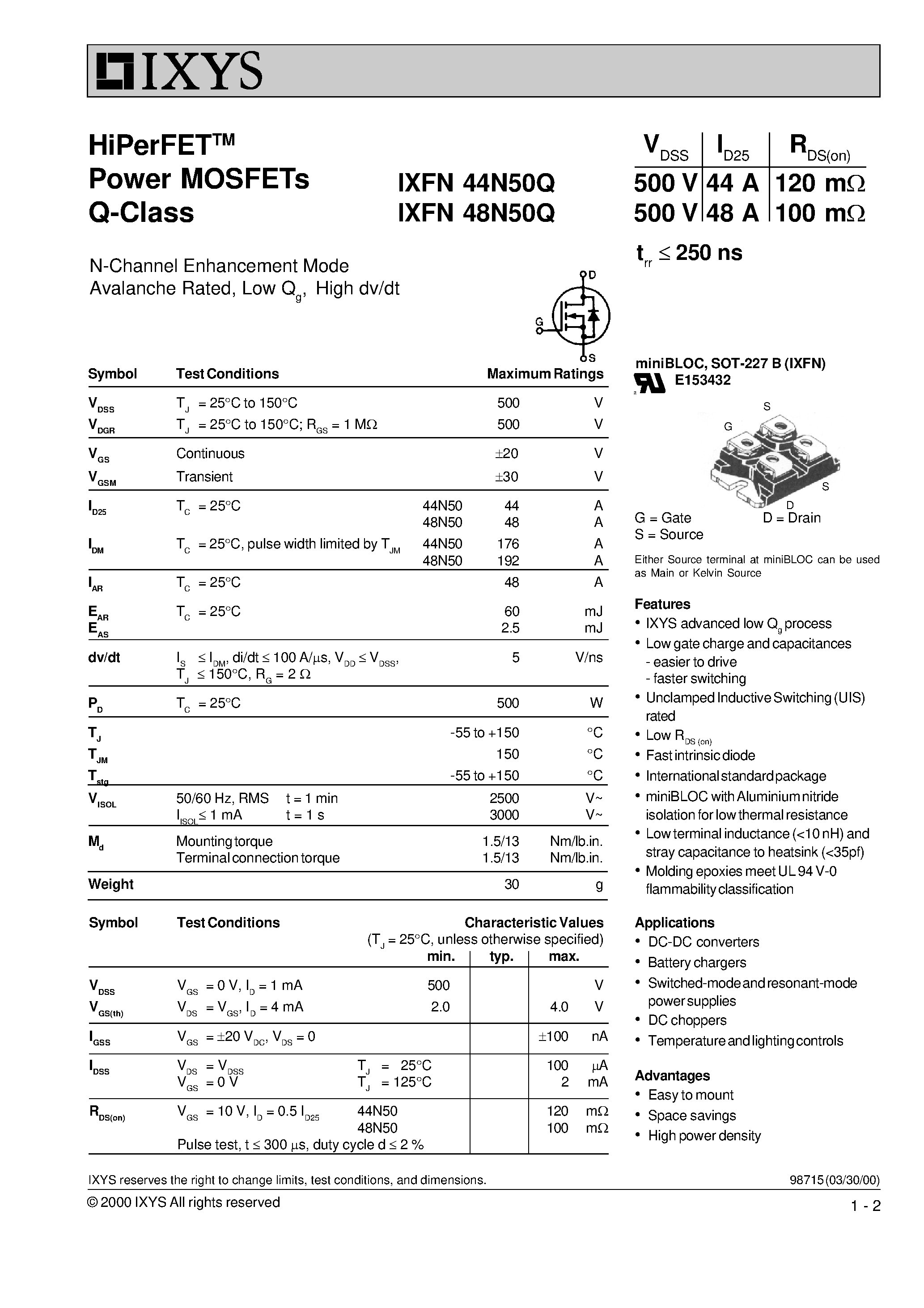 Даташит IXFN44N50Q - HiPerFET Power MOSFETs Q-Class страница 1