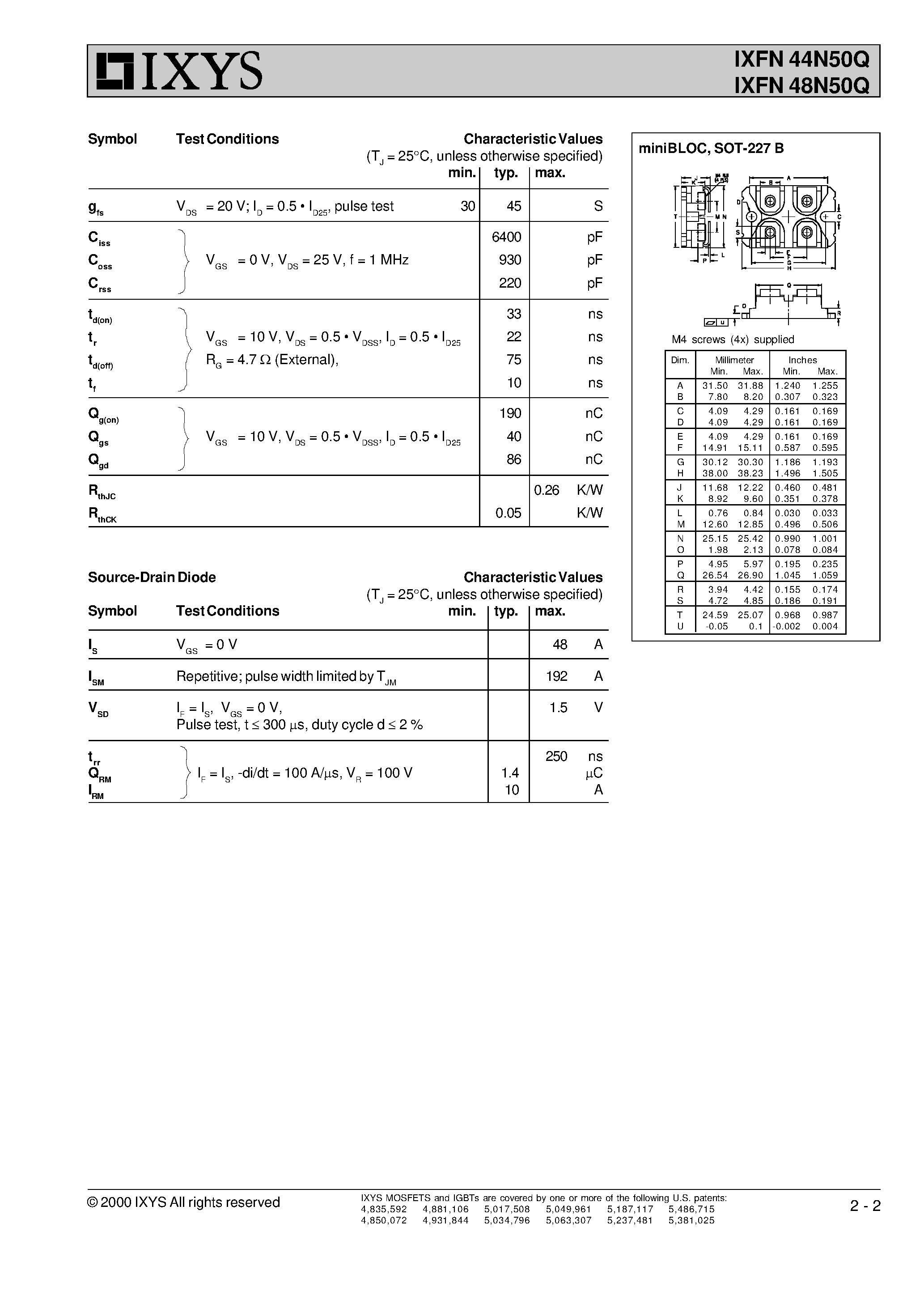 Даташит IXFN44N50Q - HiPerFET Power MOSFETs Q-Class страница 2