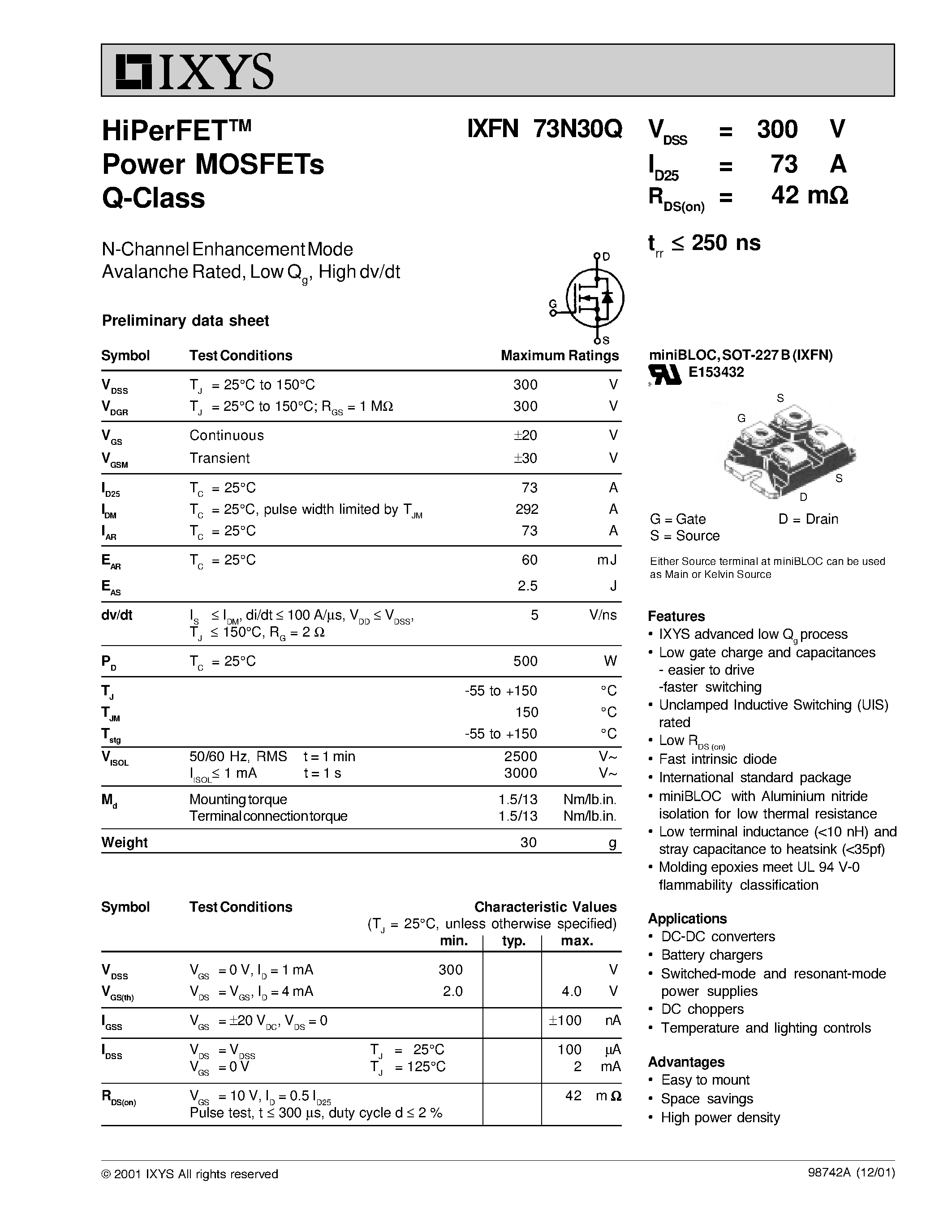 Даташит IXFN73N30Q - HiPerFET Power MOSFETs Q-Class страница 1