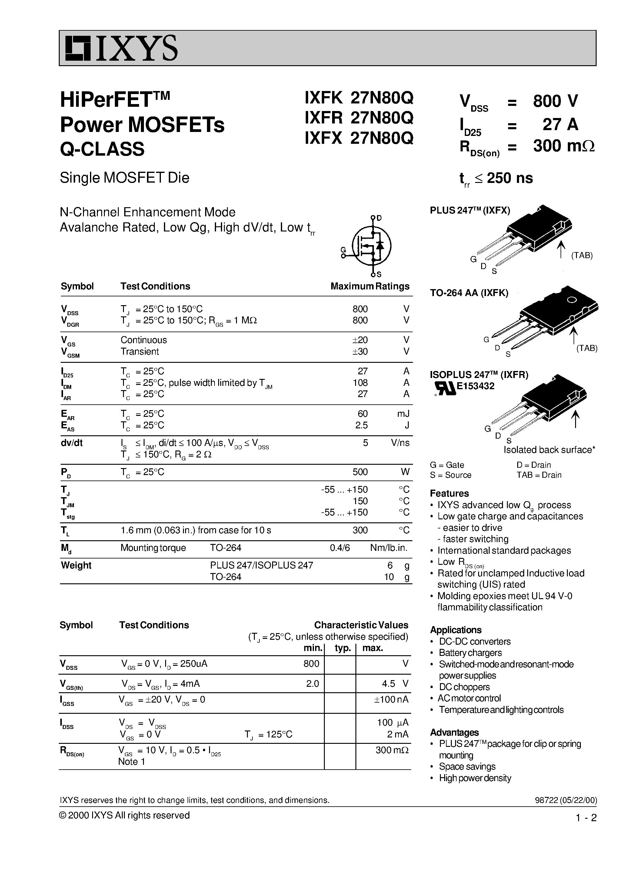 Datasheet IXFR27N80Q page 1 Datasheet IXFR27N80Q - HiPerFET Power MOSFETs Q-CLASS page 1