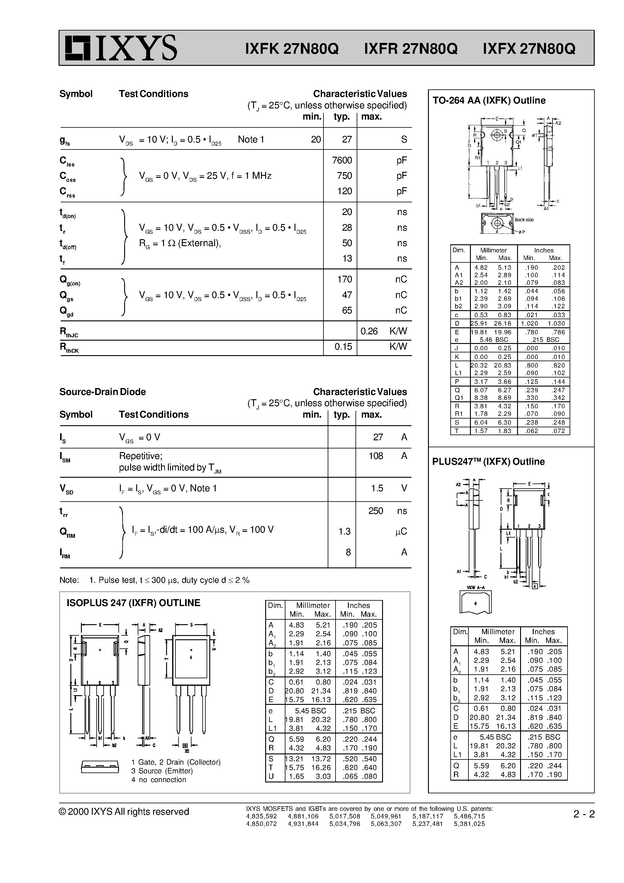 Даташит IXFR27N80Q - HiPerFET Power MOSFETs Q-CLASS страница 2