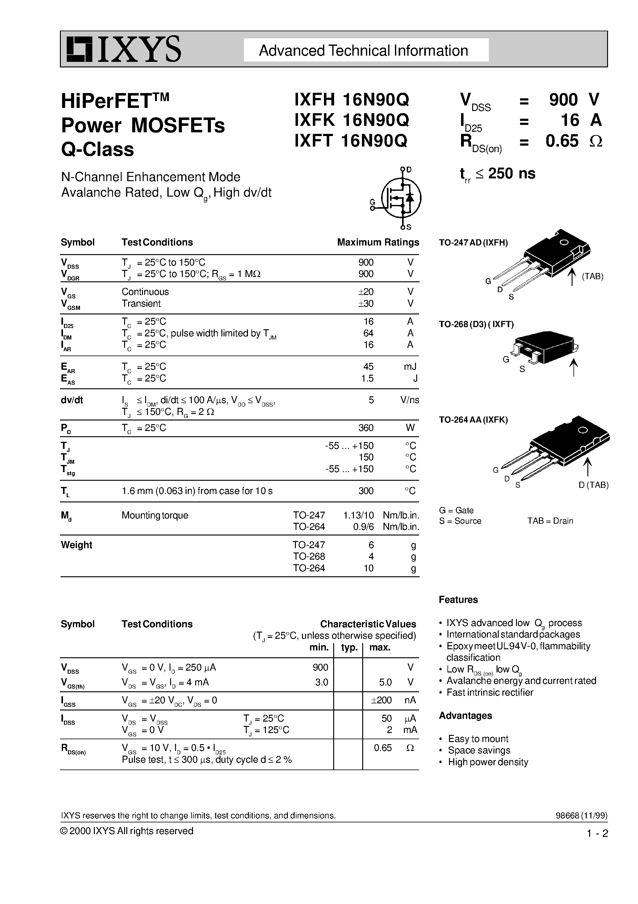 Даташит IXFT16N90Q - HiPerFET Power MOSFETs Q-Class страница 1
