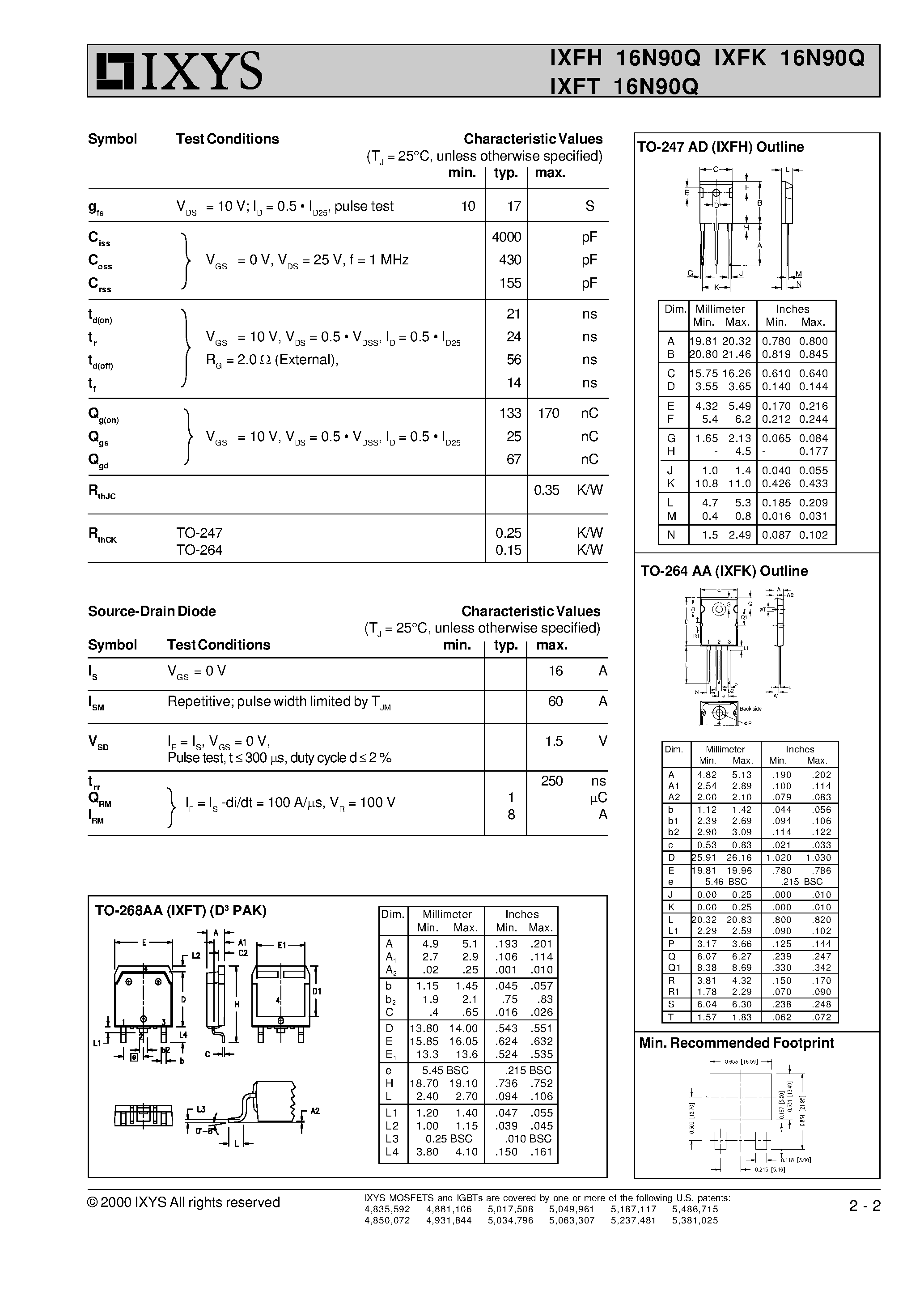 Даташит IXFT16N90Q - HiPerFET Power MOSFETs Q-Class страница 2