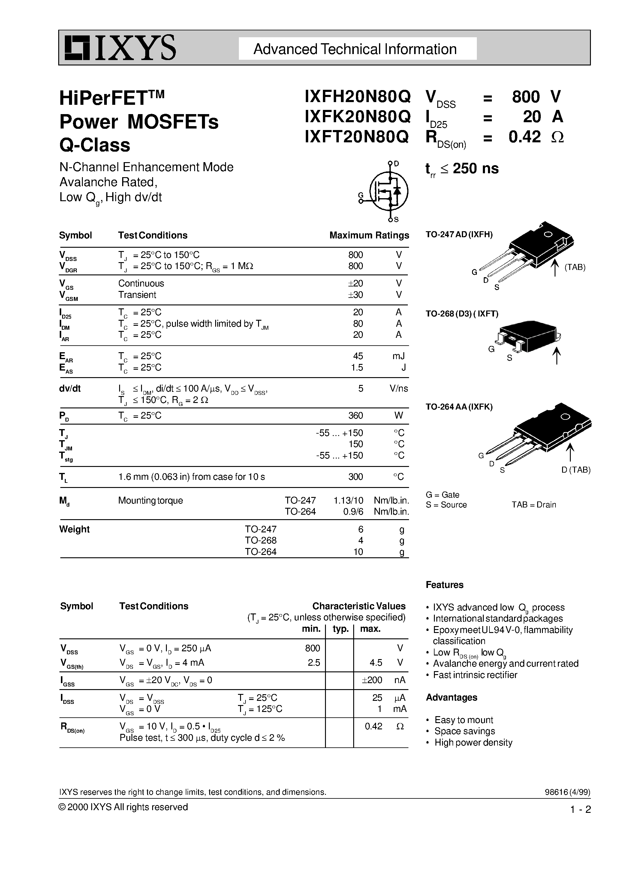 Даташит IXFT20N80Q - HiPerFETTM Power MOSFETs Q-Class страница 1