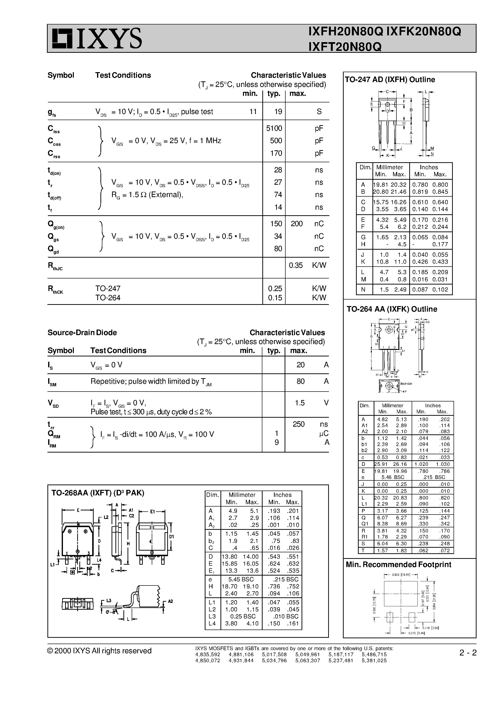 Даташит IXFT20N80Q - HiPerFETTM Power MOSFETs Q-Class страница 2