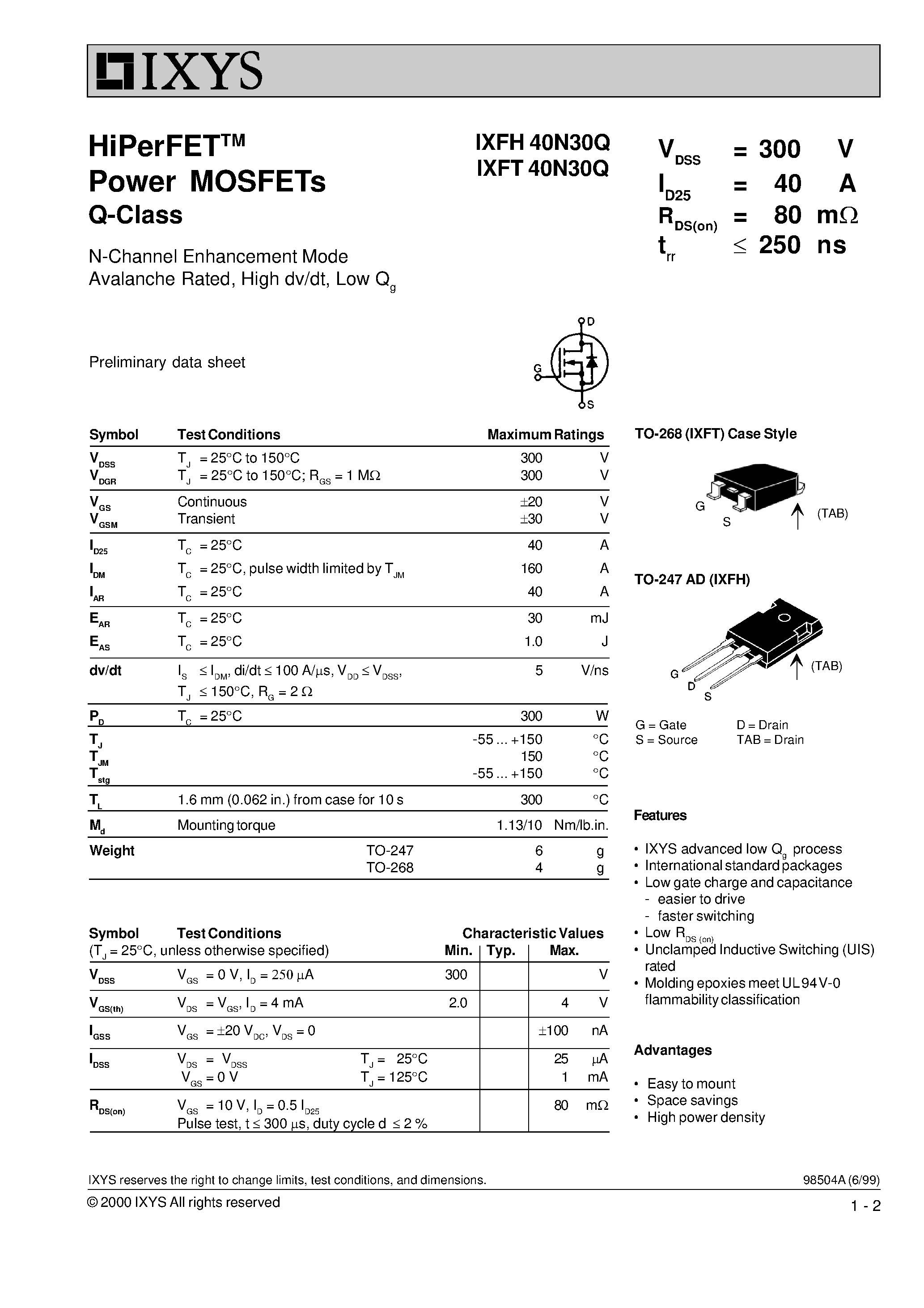 Datasheet IXFT40N30Q page 1 Datasheet IXFT40N30Q - HiPerFET Power MOSFETs Q-Class page 1