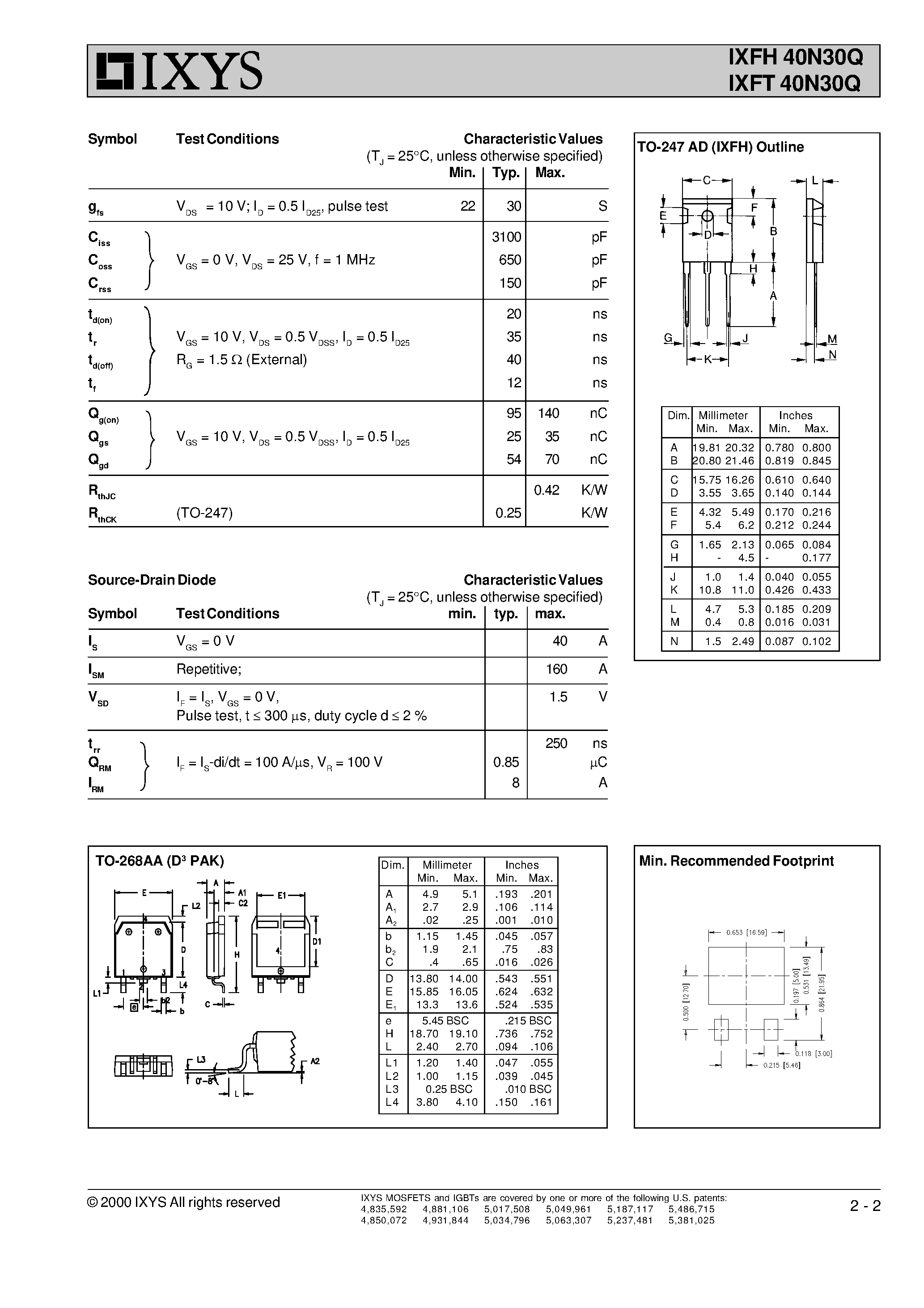 Даташит IXFT40N30Q - HiPerFET Power MOSFETs Q-Class страница 2