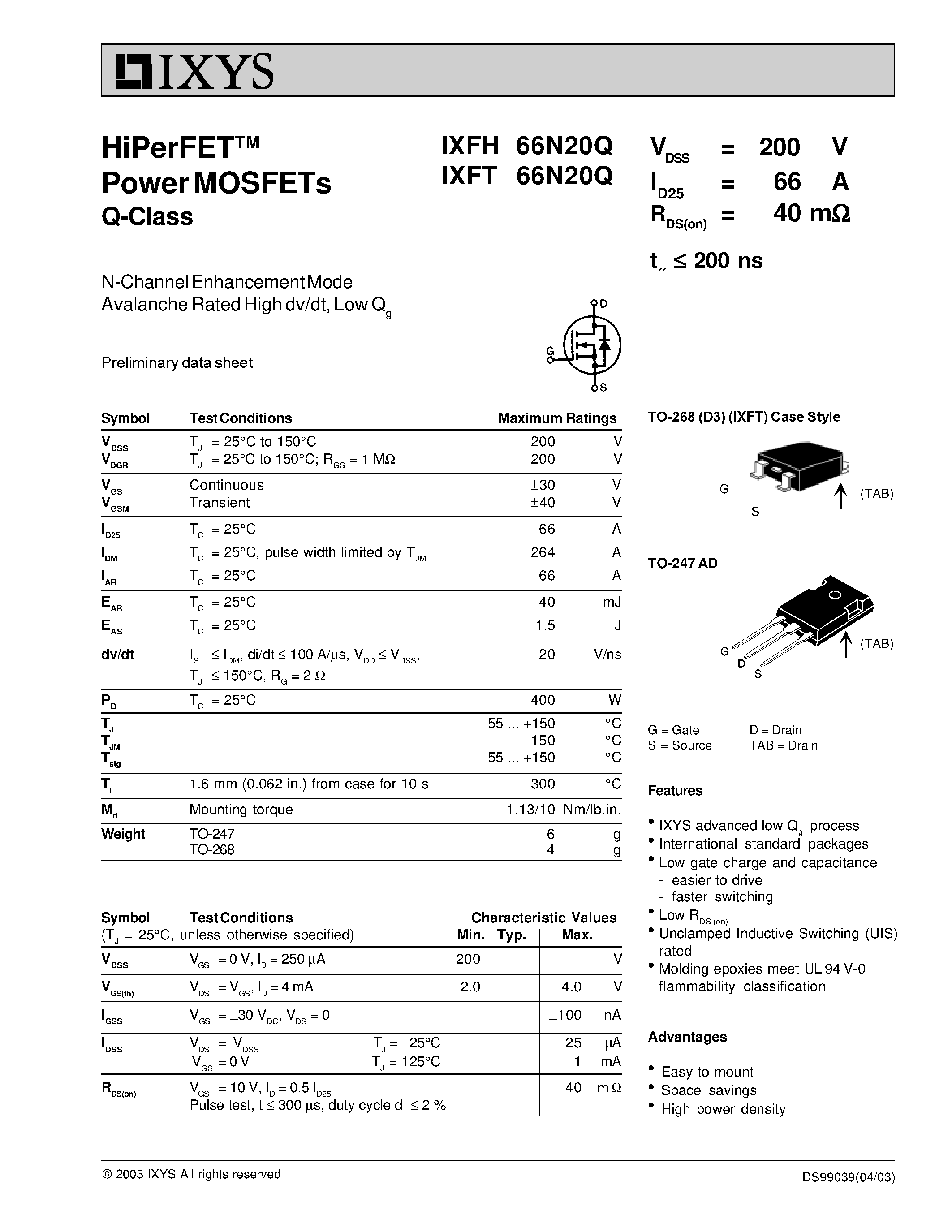 Даташит IXFT66N20Q - HiPerFET Power MOSFETs Q-Class страница 1